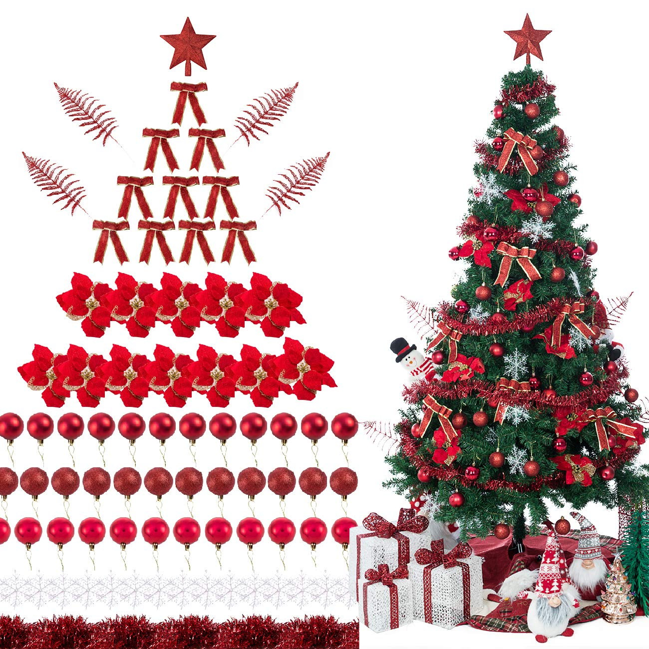 Bibana 94 PCS Christmas Tree Ornaments Set with Glitter Poinsettia, Bows, Ribbons, Leaves & Assorted Decoration Ball for Xmas Tree Holiday Wedding Party Decorations (Red)