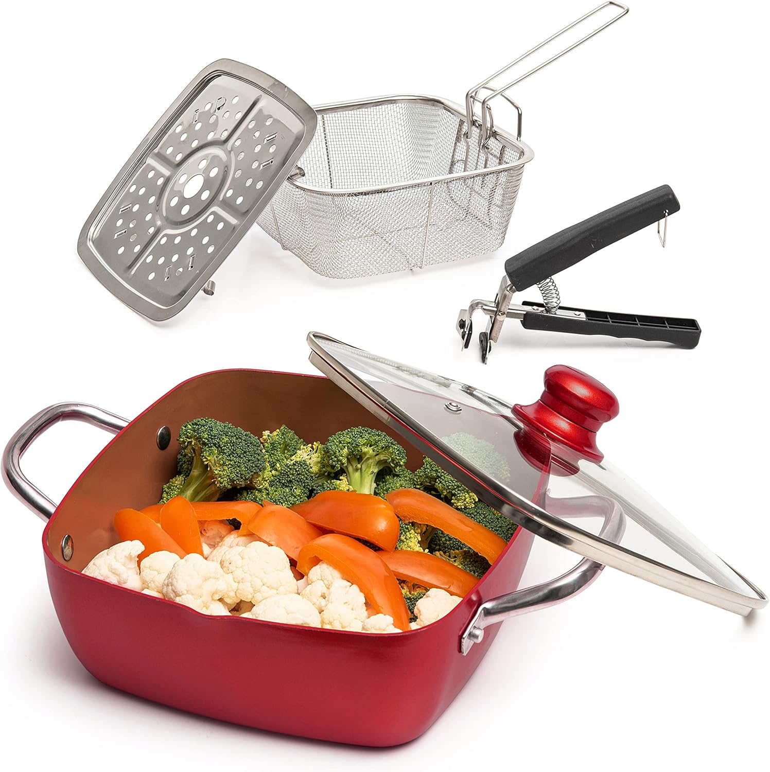 Moss & Stone Copper 5 Piece Set Chef Cookware, 9.5” Non Stick Pan, Deep Square Pan, Fry Basket, Steamer Tray, Dishwasher & Oven Safe, 5 Quart Copper Pot Set, Red Induction Cookware Set