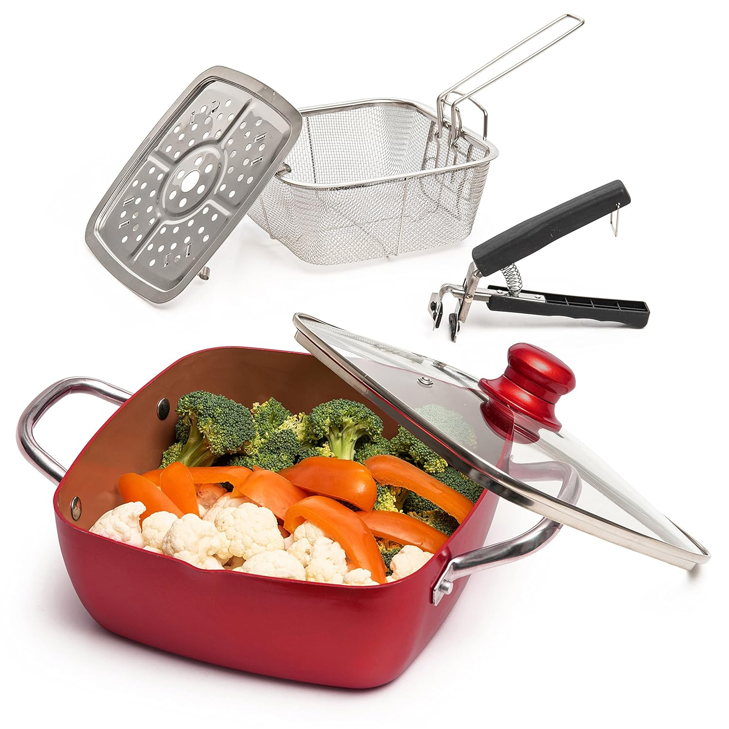 Moss & Stone Copper 5 Piece Set Chef Cookware, 9.5” Non Stick Pan, Deep Square Pan, Fry Basket, Steamer Tray, Dishwasher & Oven Safe, 5 Quart Copper Pot Set, Red Induction Cookware Set