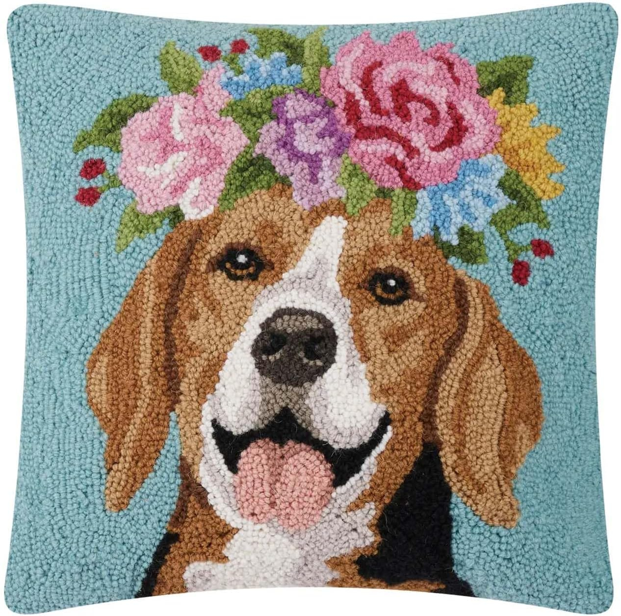 Floral Beagle Embroidered Square Throw Pillow, 18-inch, Polycotton