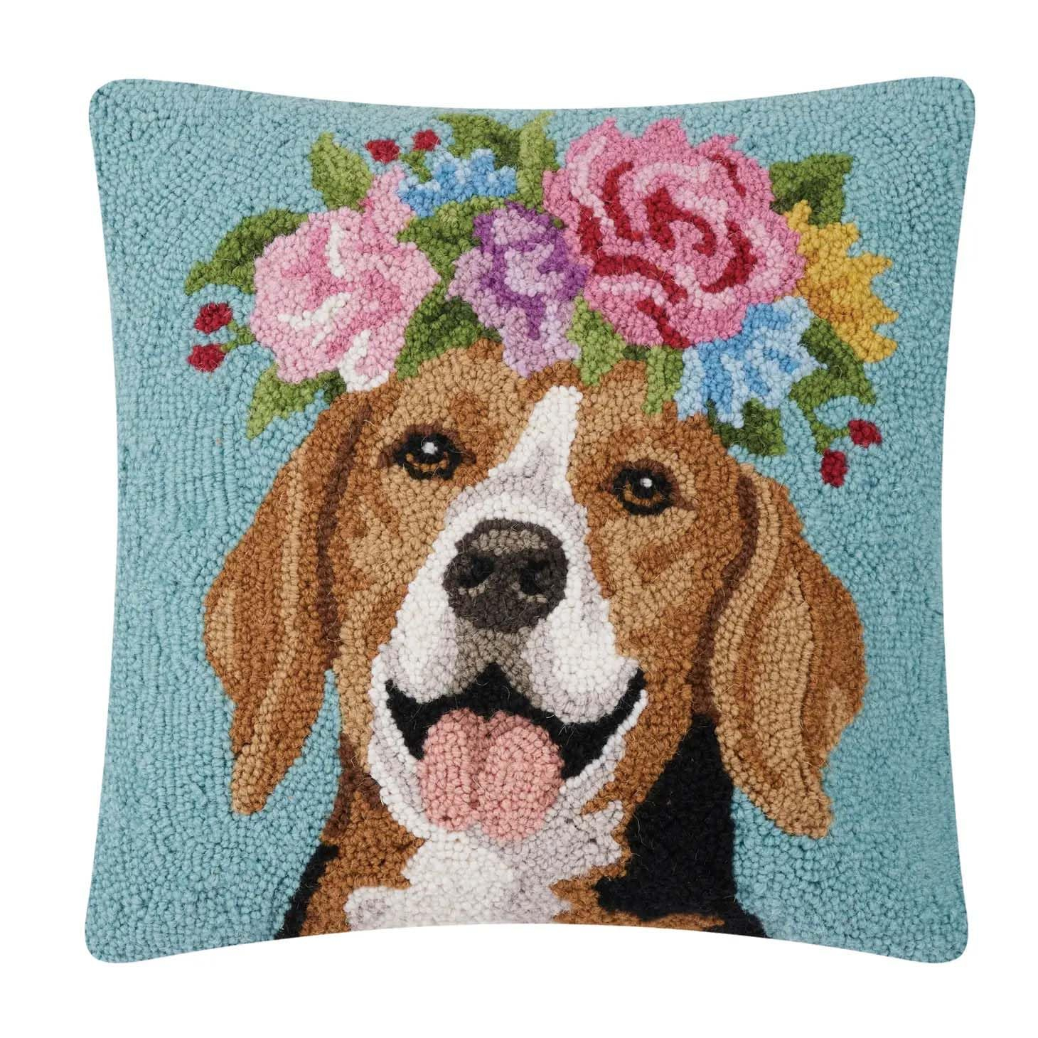 Floral Beagle Embroidered Square Throw Pillow, 18-inch, Polycotton
