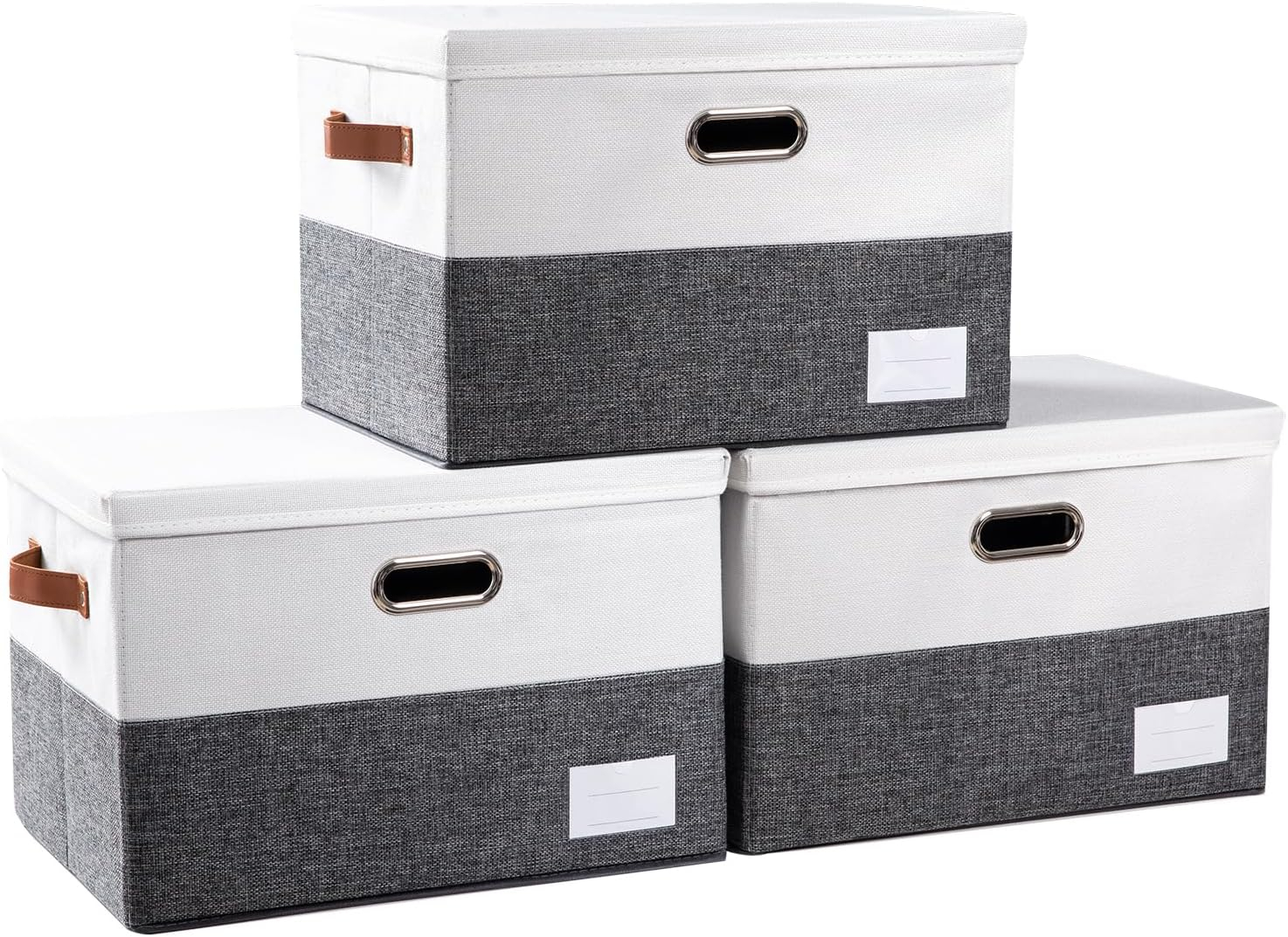 3 Pack Collapsible storage bins with lid. Foldable Storage bins for shelves, closet, office bedroom, or nursery. Containers made with linen fabric and stainless steel handles for organizing.