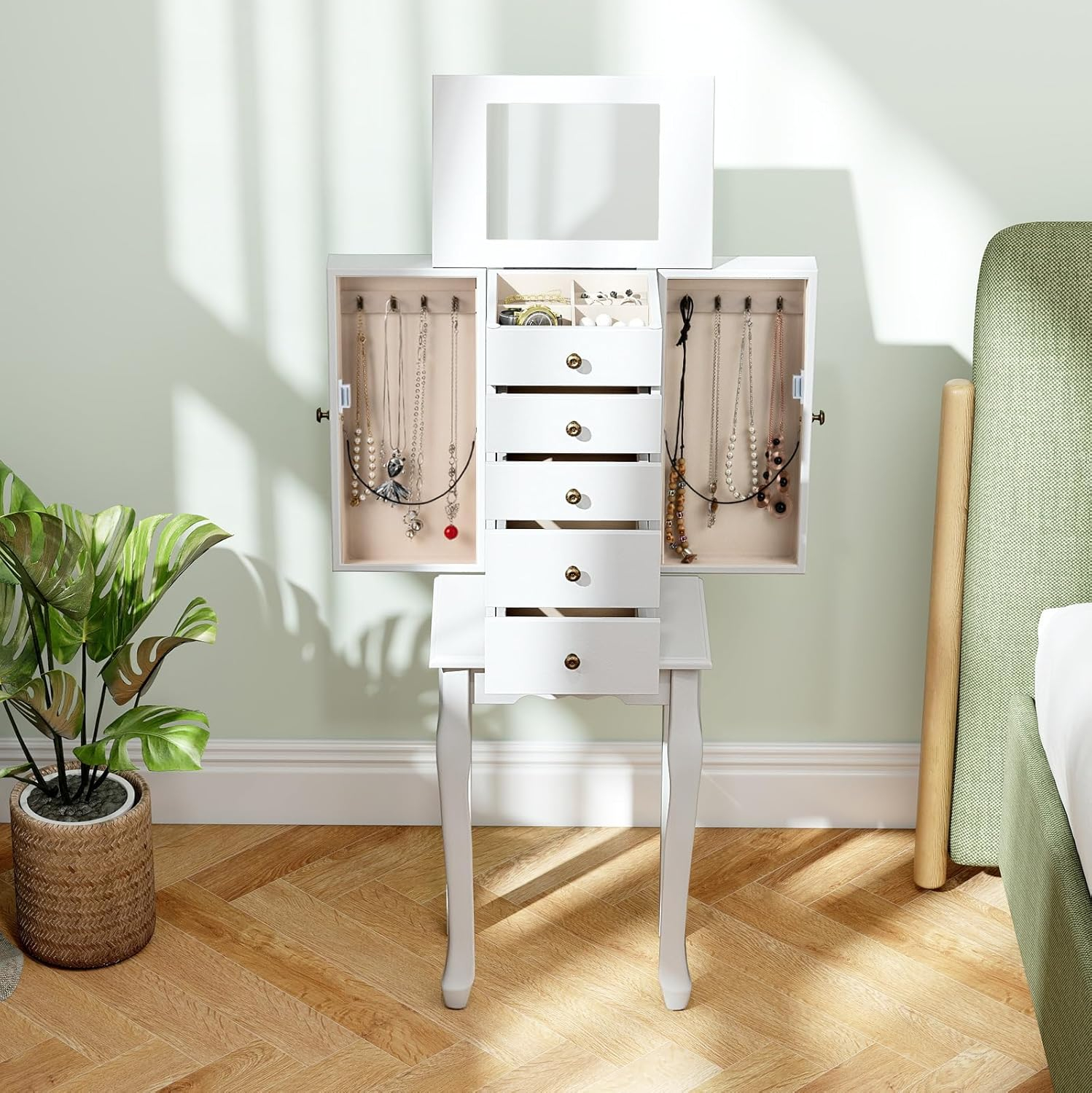 Standing Jewelry Cabinet Armoire with Top Flip Mirror, Jewelry Box Chest with 4 Drawers, Top Compartments, 8 Necklace Hooks and 2 Side Doors, White