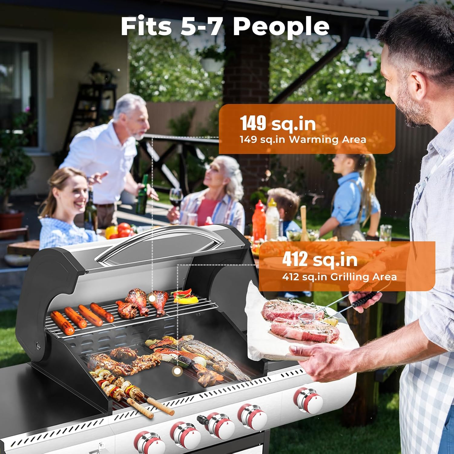 R.W.FLAME 4-Burner Propane Gas BBQ Grill with Side Burner & Cast iron grill net and baking pan, 42,000 BTU Stainless Steel Cabinet Style Propane Grill