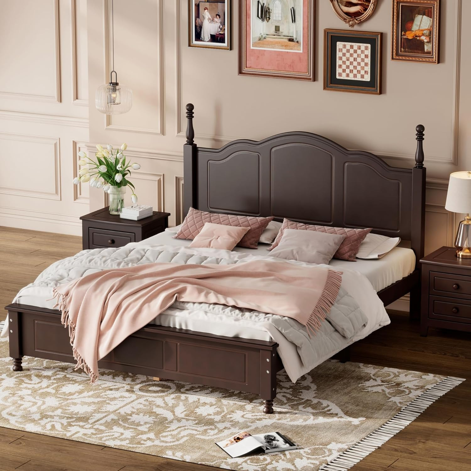 Queen Size Wood Platform Bed Frame,Retro Style Platform Bed Frame for Boys Girls Kids Adults Toddler with Wooden Slat Support,Dark Walnut