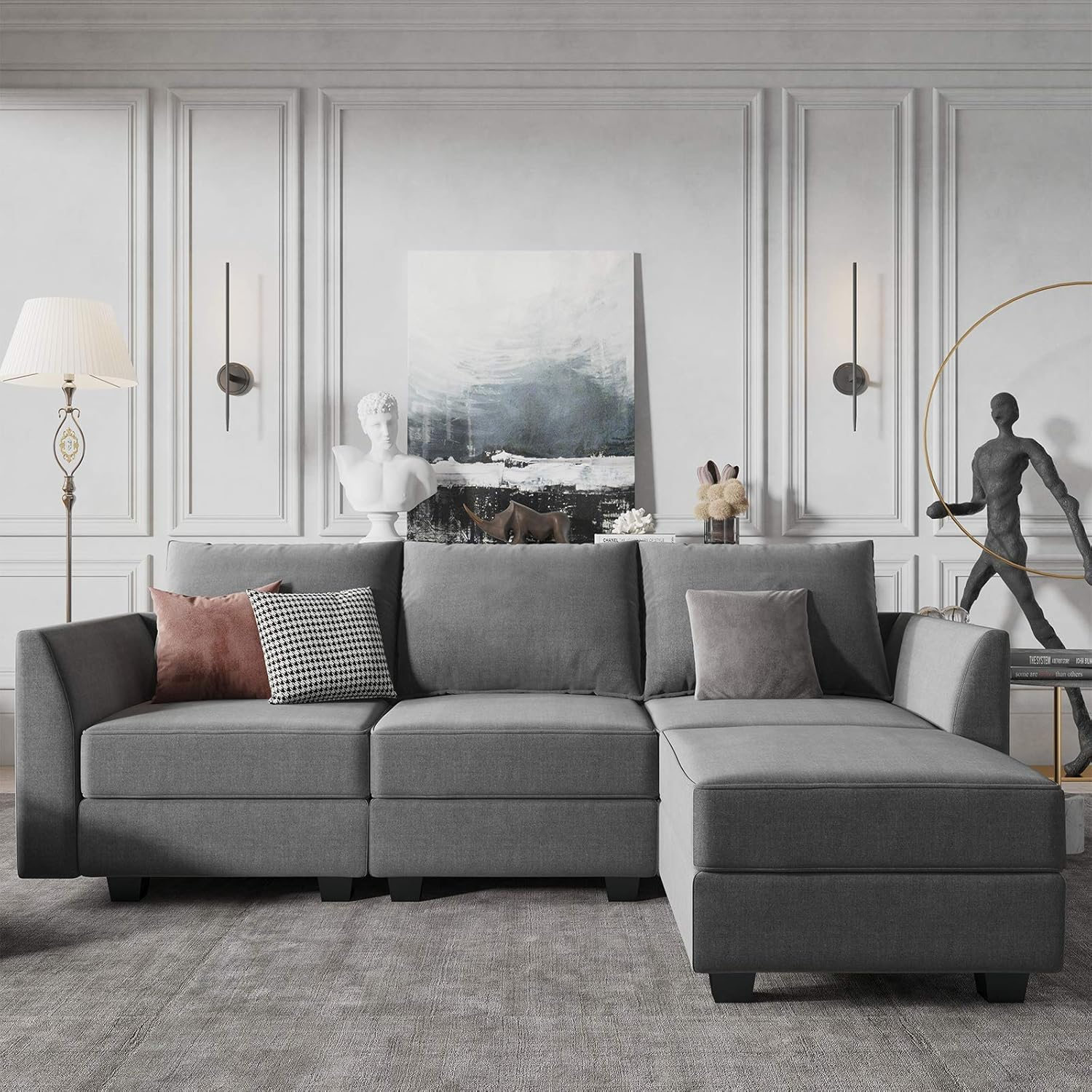 HONBAY Convertible Sectional Couch with Reversible Chaise Modern L-Shape Sofa 4-Seat Couch Modular Sectional Sofa with Storage Seats, Grey