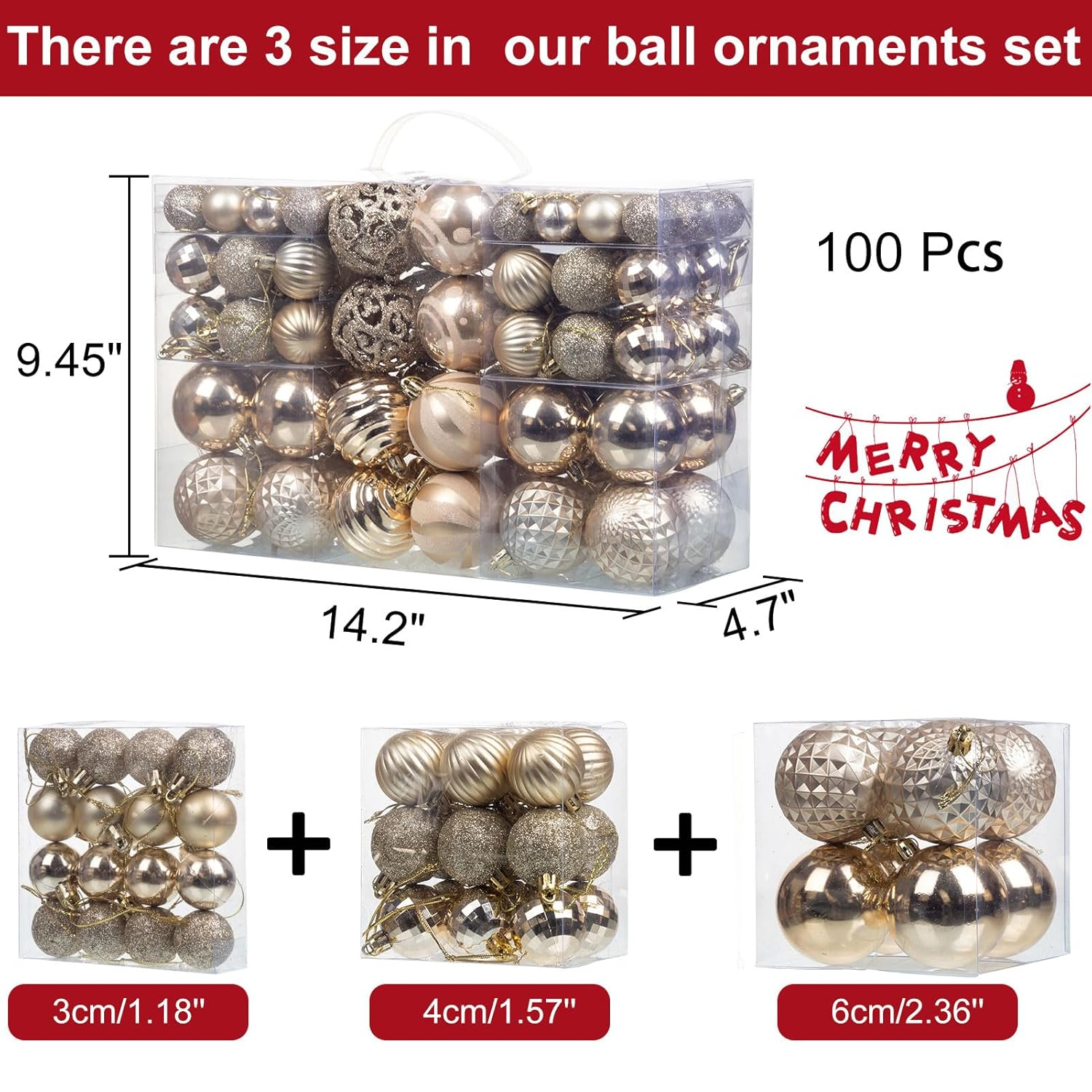 Yhmxh 100Pcs Christmas Ball Ornaments Sets, Christmas Decorations Shatterproof Xmas Balls for Christmas Tree Decor, Assorted Shapes and Sizes Hanging Ball for Holiday Festival Party Event - Red