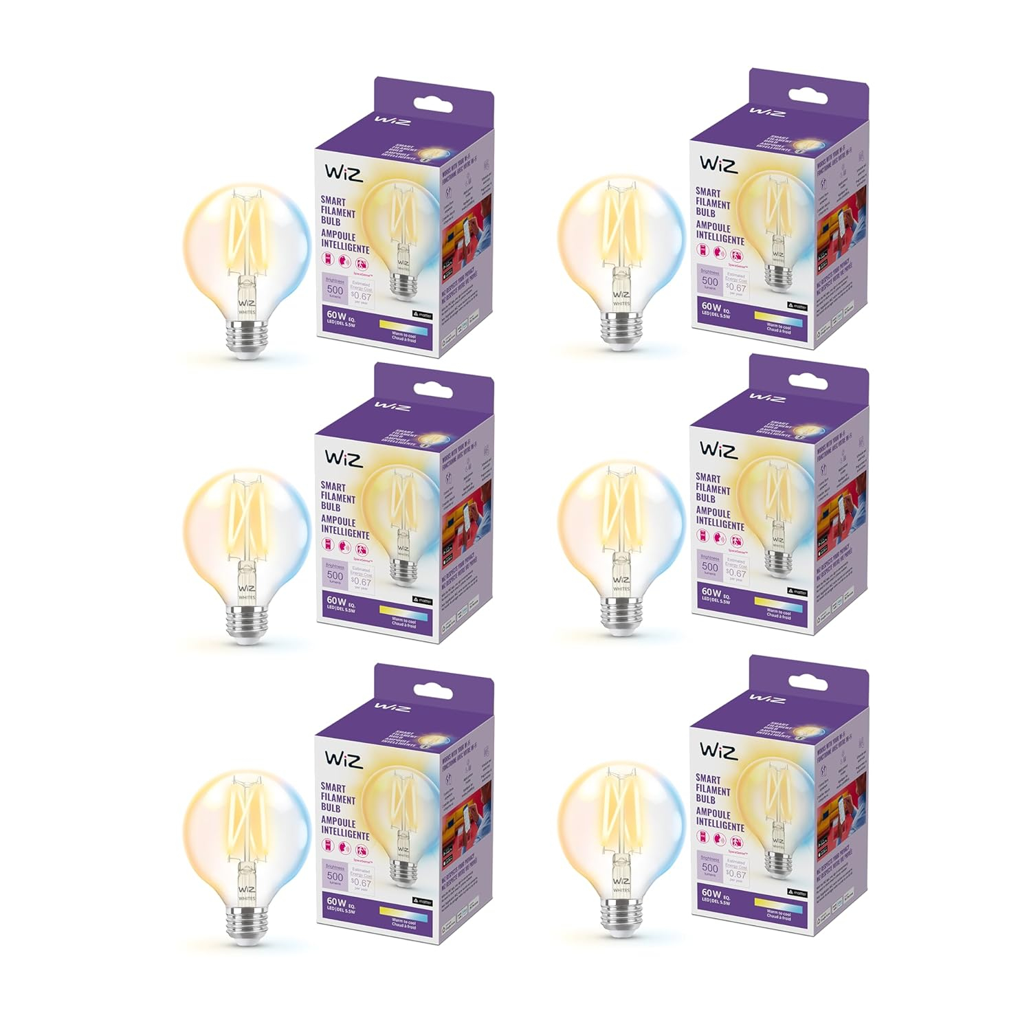WiZ Clear 60W G25 Tunable White Filament LED Smart Bulb - Pack of 6 - E26- Indoor - Connects to Your Existing Wi-Fi - Control with Voice or App + Activate with Motion - Matter Compatible