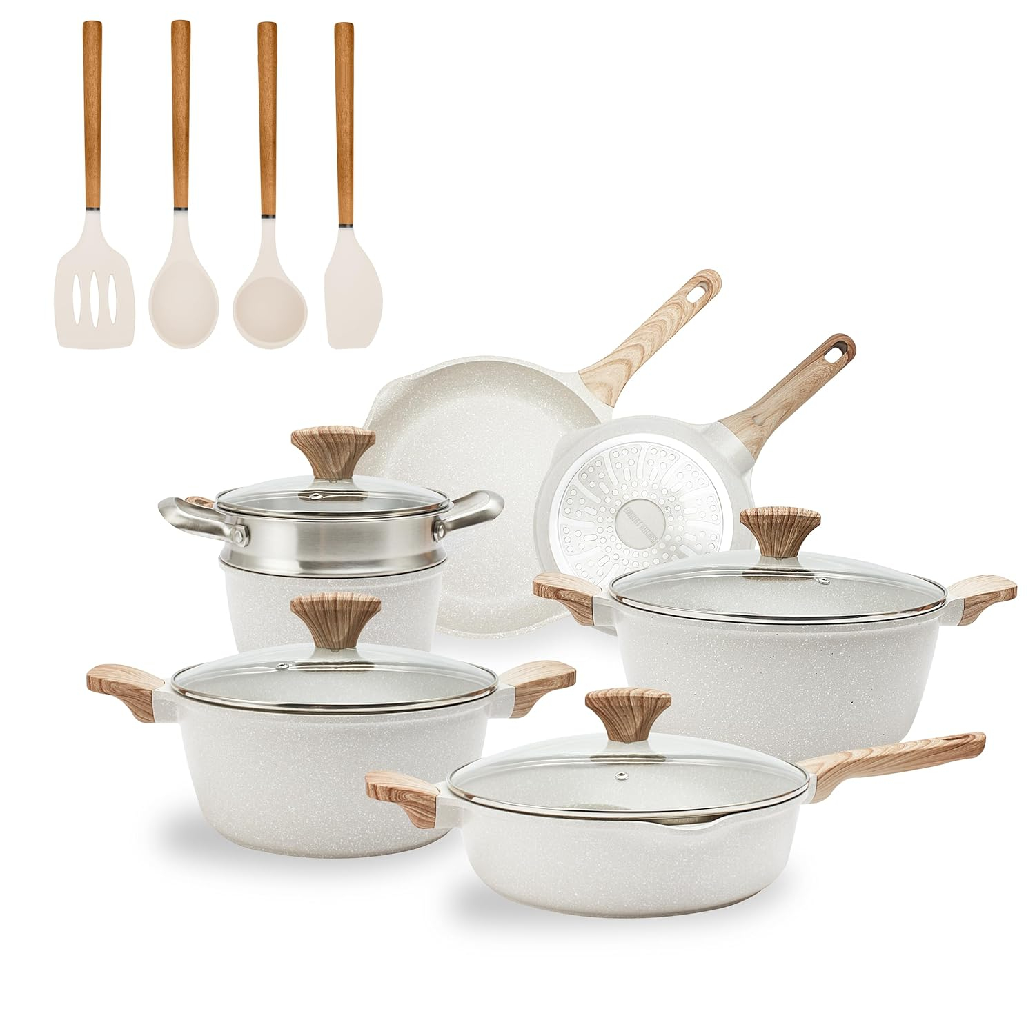Country Kitchen 15-Pc Cast Aluminum Pots and Pans Set Non Stick Cookware Set, Cream