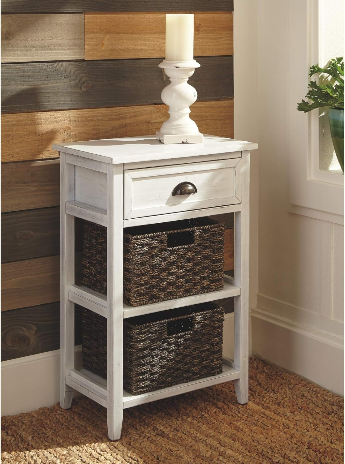 White Rectangular Wood Accent Table with Storage