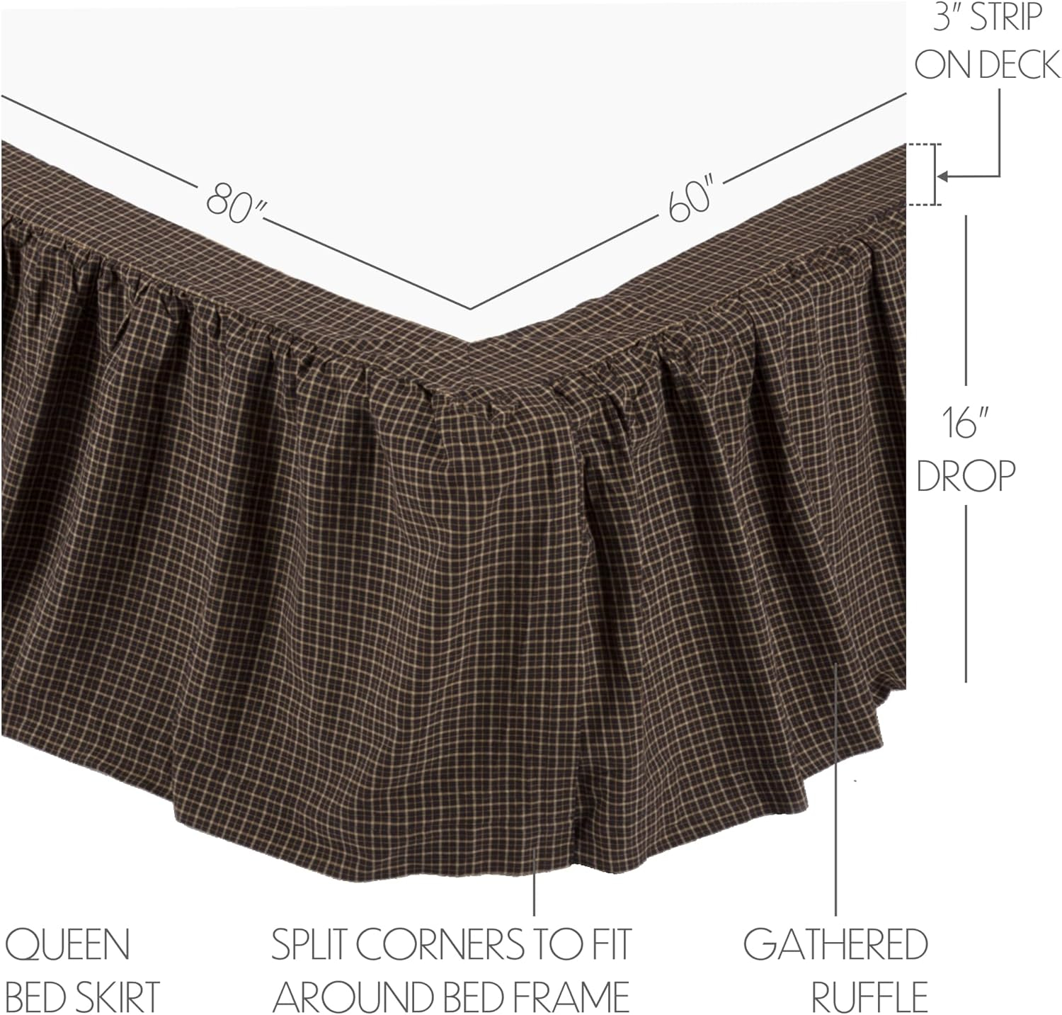 Queen Black and Beige Plaid Cotton Bed Skirt