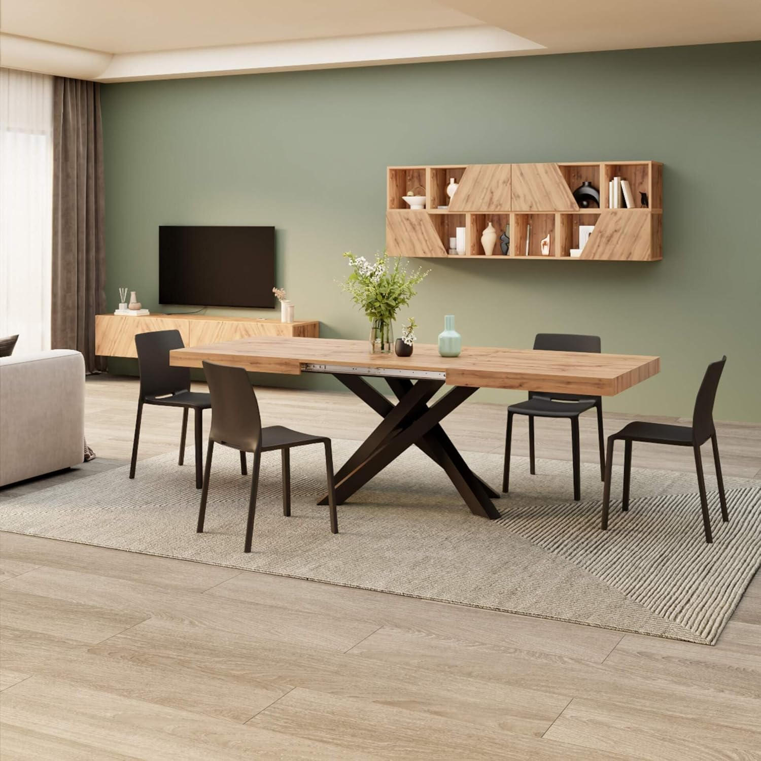 Mobili Fiver, Emma 63(94.5) x35.4 in Extendable Table, Rustic Oak with Black Crossed Legs, for 6-10 People, Expandable Dining Table for Kitchen, Living Room, Italian Furniture