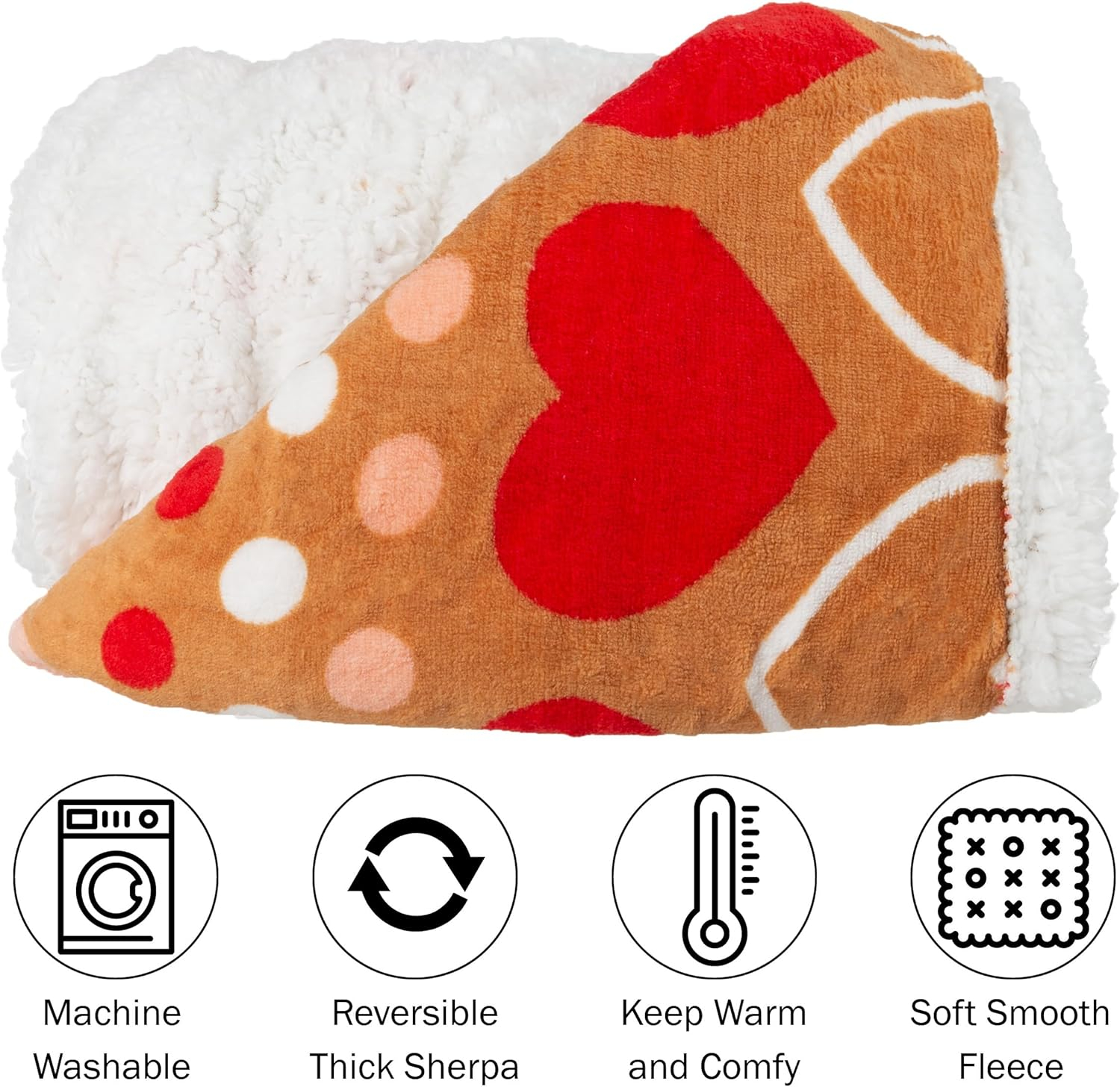 Cozy Reversible Sherpa Fleece Throw Blanket with Red Hearts