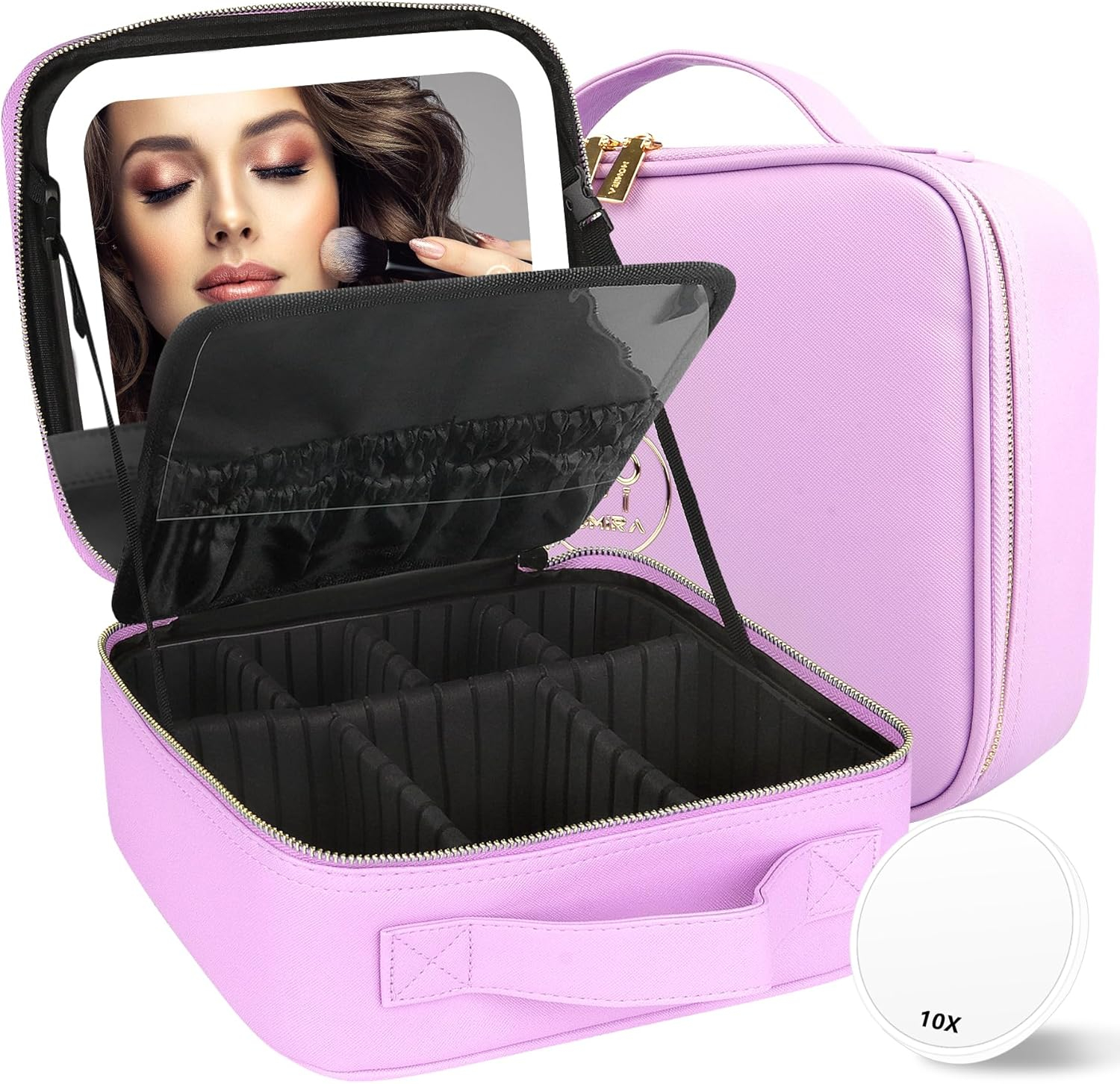 MOMIRA Travel Cosmetic Train Case with Lighted Mirror 3 Color Scenarios Cosmetic Bag Organizer with Adjustable Dividers Makeup Storage for Women, Makeup Accessories & Tools Case Purple