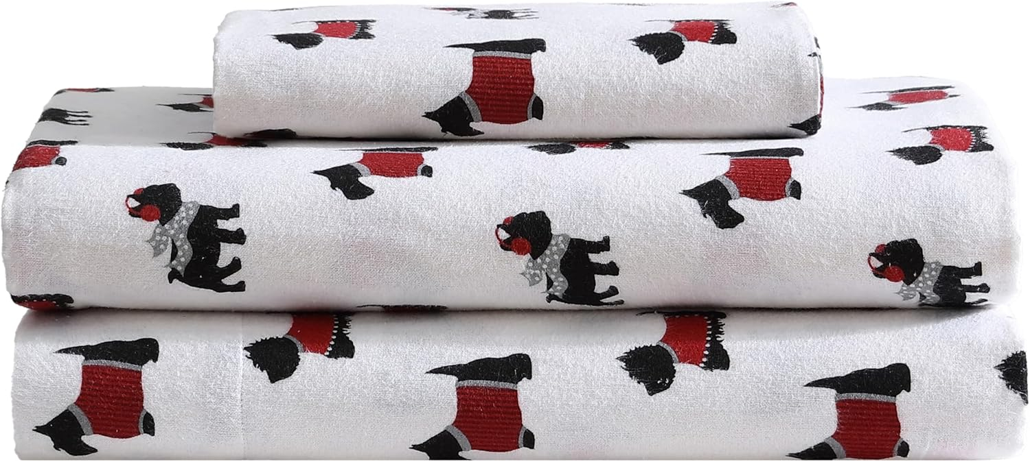 Beatrice Home Fashions 3-Piece Winter Holiday Flannel Sheet Set, Soft, Cozy, 100% Cotton, 15-inch Deep Pockets, Twin, Warm Doggies Red