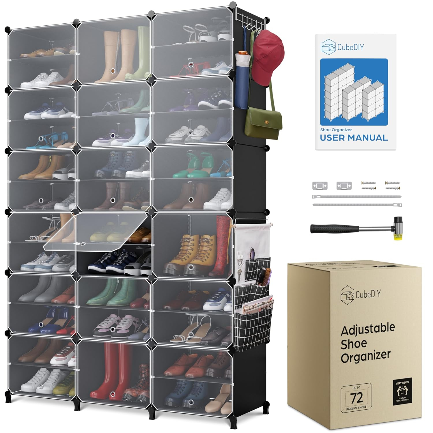 Shoe Organizer Cabinet Up to 72 Pairs, Shoe Closet-Covered Shoe Rack with See-Through Door (Clear, Plastic, Stackable) Cubby Portable Shoe Organizer with Covers, Hooks & Pockets, Black