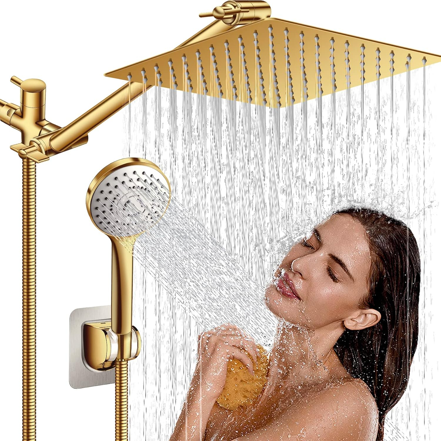 Shower Head, 10" High Pressure Rain shower head with Handheld Spray Combo, 6 Settings Handheld with 78" Anti-leak Hose, 11" Adjustable Extension Arm, Ultra Thin Water Saving, Gold, AWAXFOLO