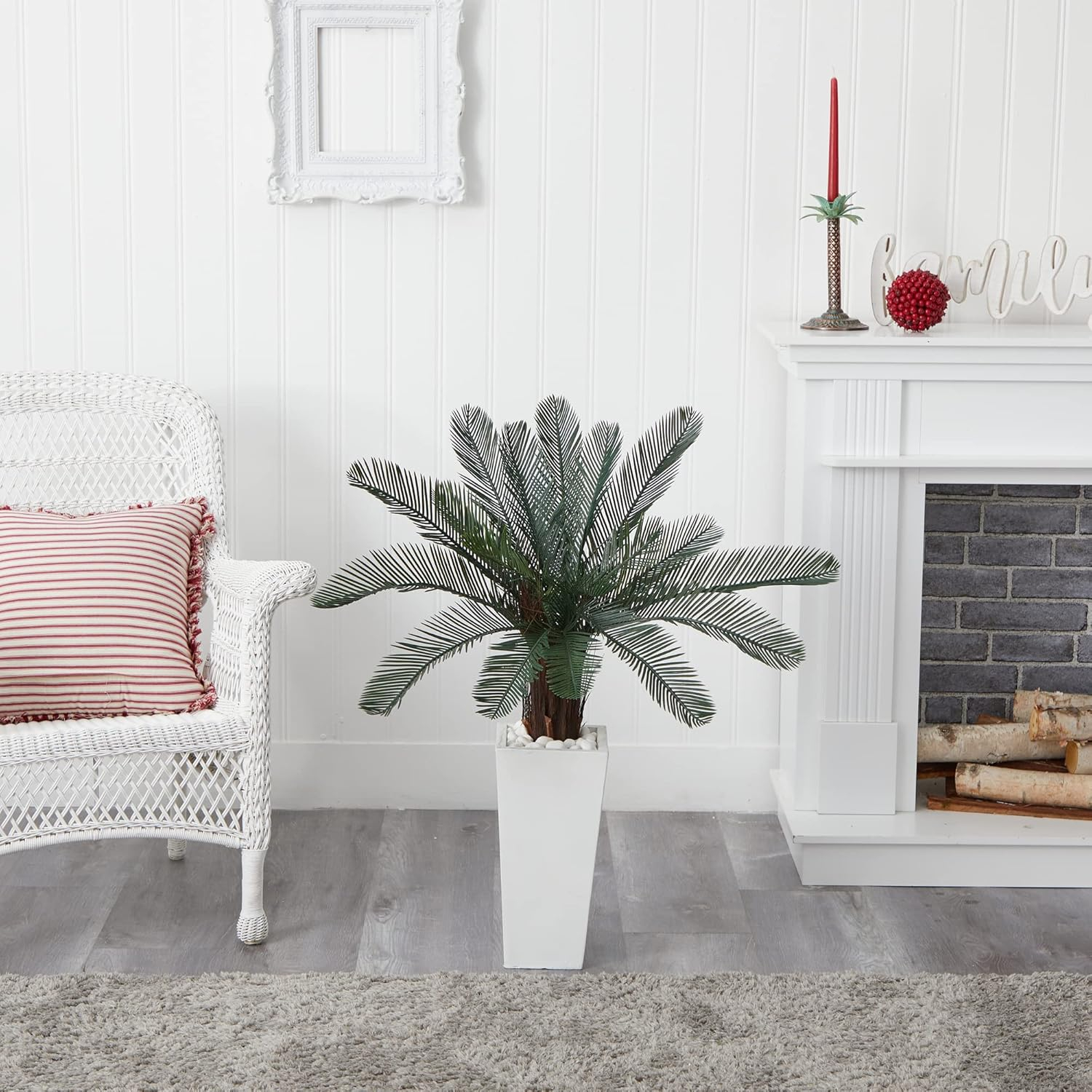 Nearly Natural 40in. Cycas Artificial Tree in White Tower Planter UV Resistant (Indoor/Outdoor)