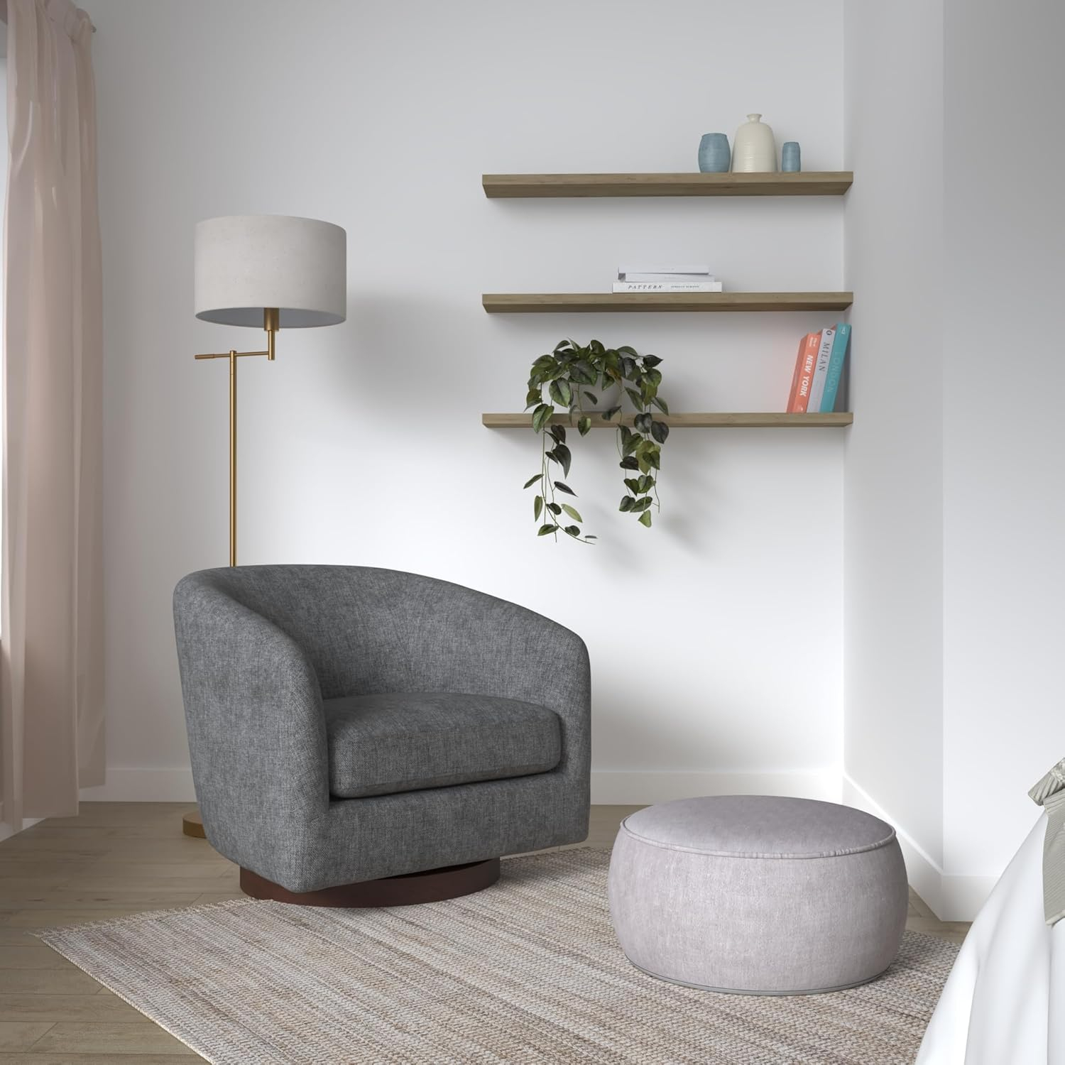 Nereus Dark Gray Fabric Swivel Accent Arm Chair with Wood Base