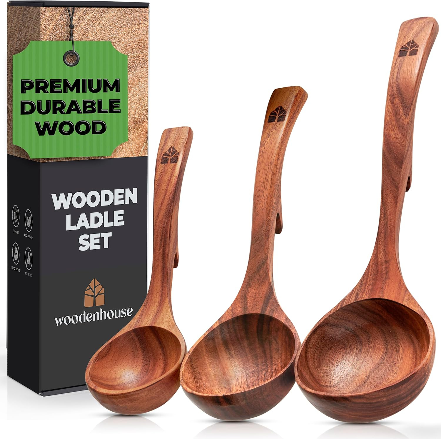 Wooden Ladle for Soup, 3 Size Teak Wood Ladle Spoon with Back Hooks for Pot & Bowl, Non-Stick Wooden Spoon Set for Cooking, Serving and Stirring