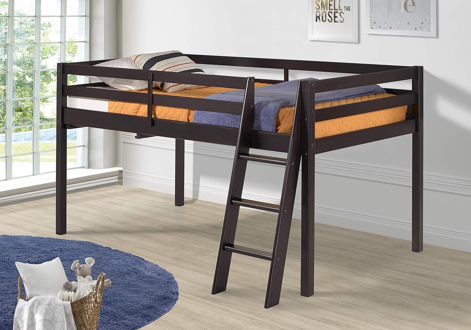 Espresso Twin Loft Bed with Ladder and Guardrails