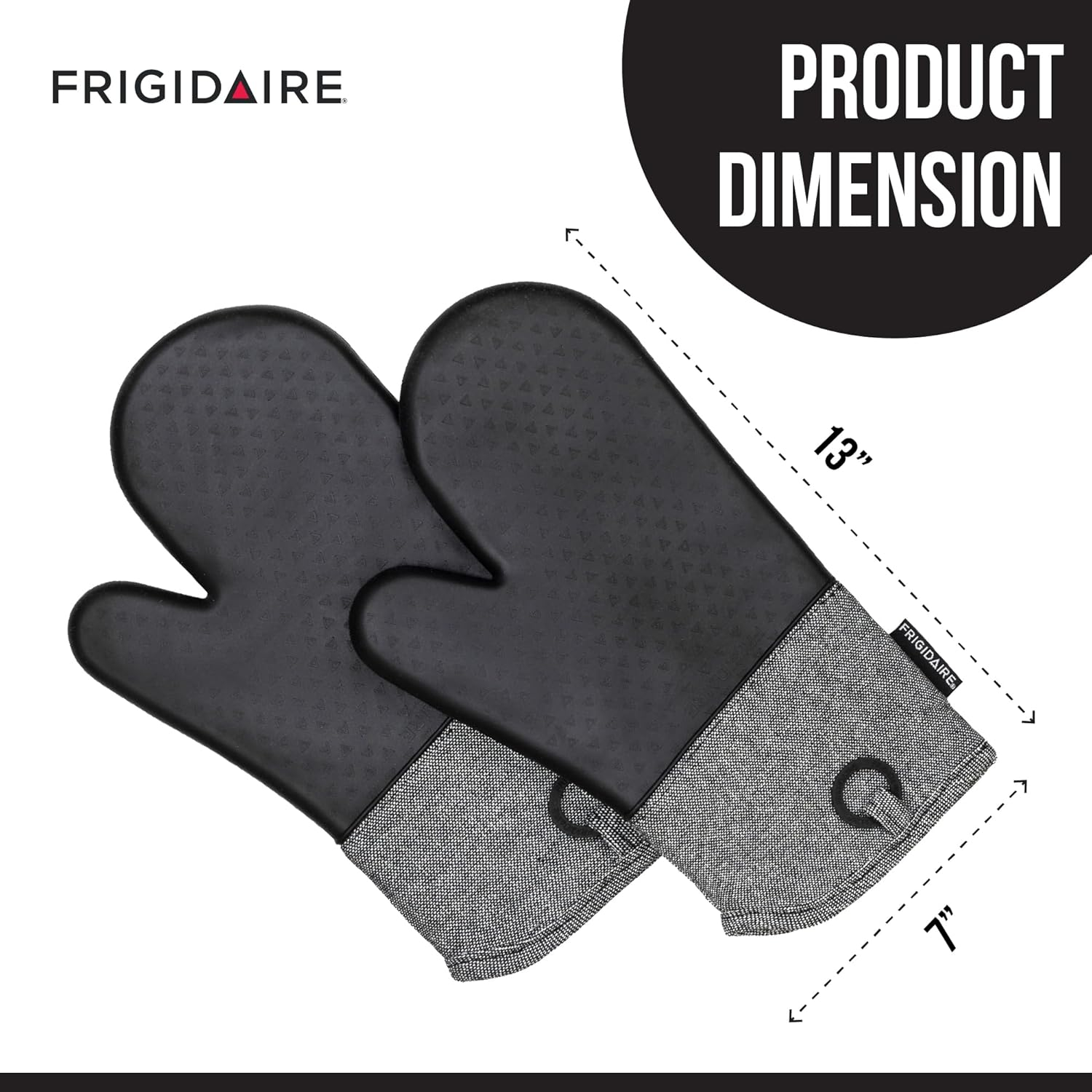 Frigidaire Sasha Cotton and Silicone Oven Mitts, Heat Resistant, Anti-Slip, Machine Washable, 13”x 7 “,Black, Set of 2