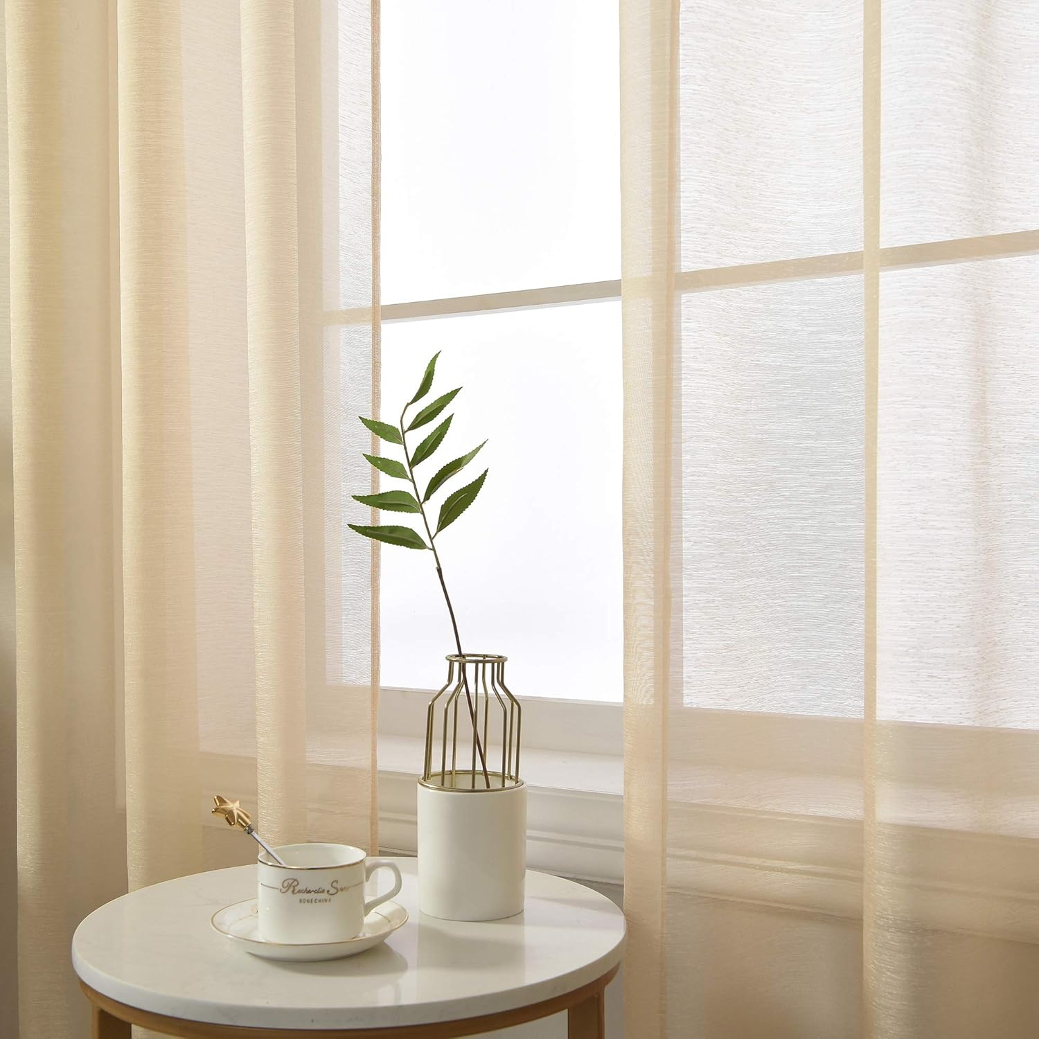 RAIN CITY Beige Sheer Curtains 84 Inch Length Set 2 Panels for Bedroom Faux Linen Sheer Drapes Solid Luxury Grommet Beige Textured Sheer Curtains for Living Room Basement Windows 52 X84 Inches Long