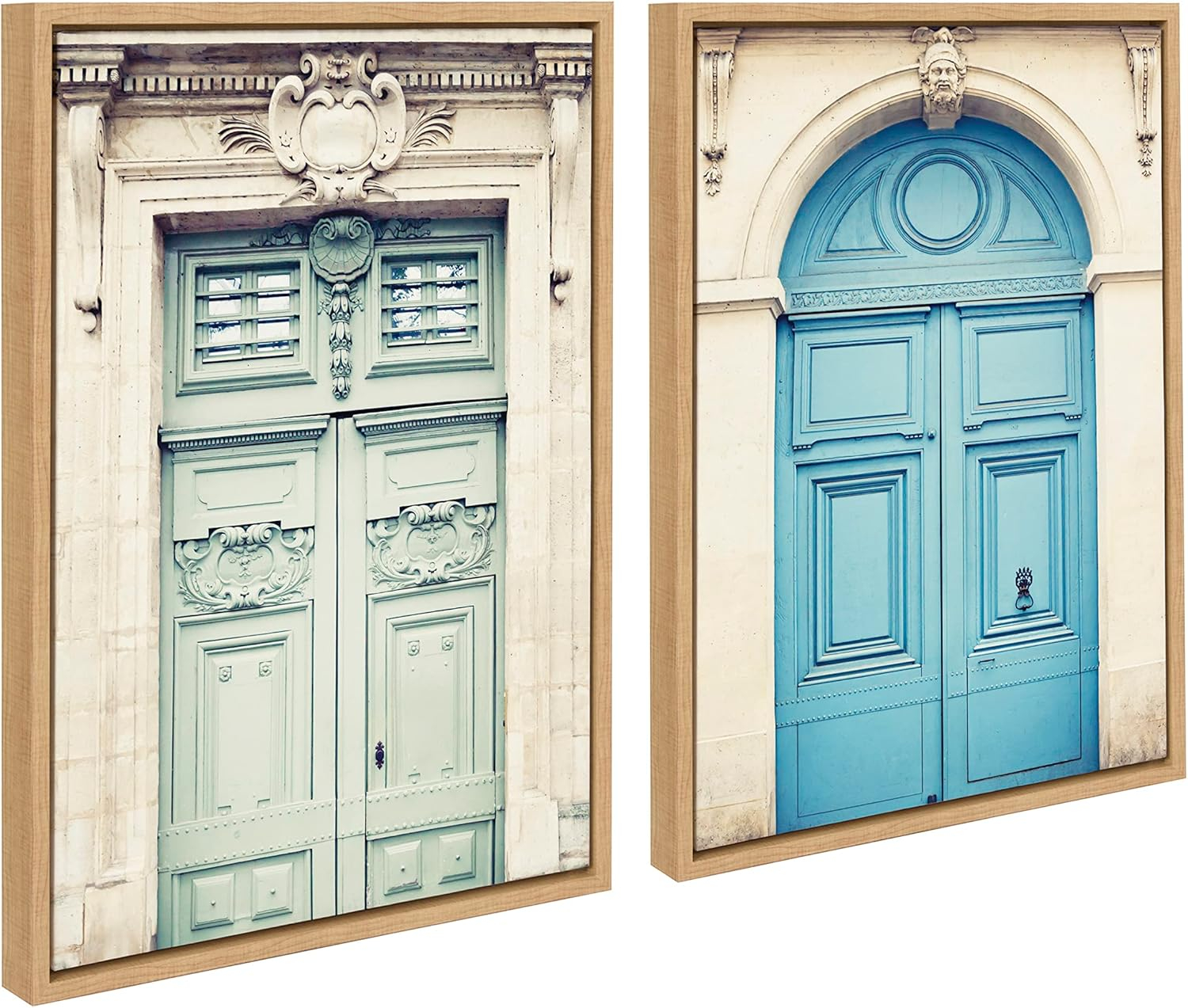 Kate and Laurel Sylvie Classic Parisian Door and Blue Paris Door Framed Canvas Wall Art Set by Caroline Mint, 2 piece 18x24 Natural, French Architecture Wall Art Set for Home Decor