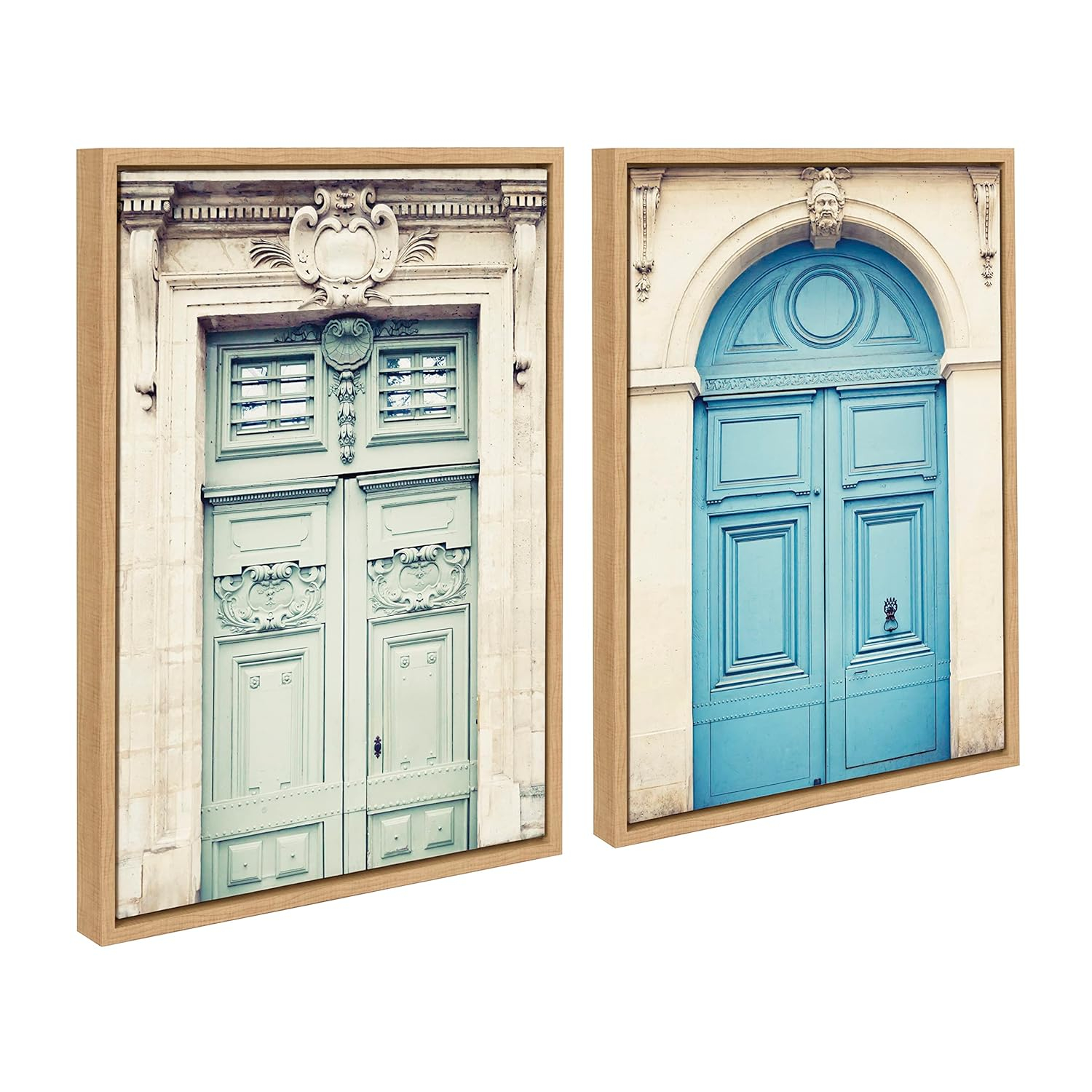 Kate and Laurel Sylvie Classic Parisian Door and Blue Paris Door Framed Canvas Wall Art Set by Caroline Mint, 2 piece 18x24 Natural, French Architecture Wall Art Set for Home Decor
