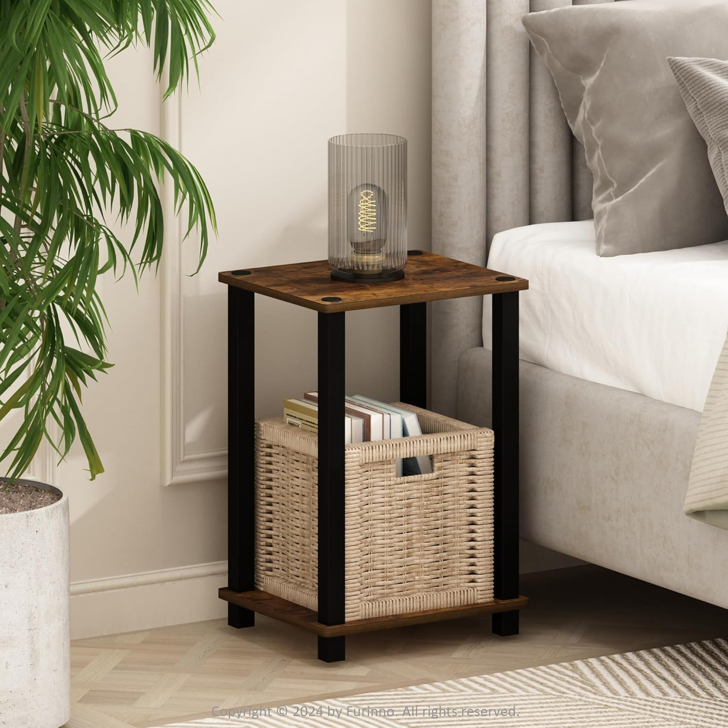 Amber Pine and Black Compact Wood Nightstand