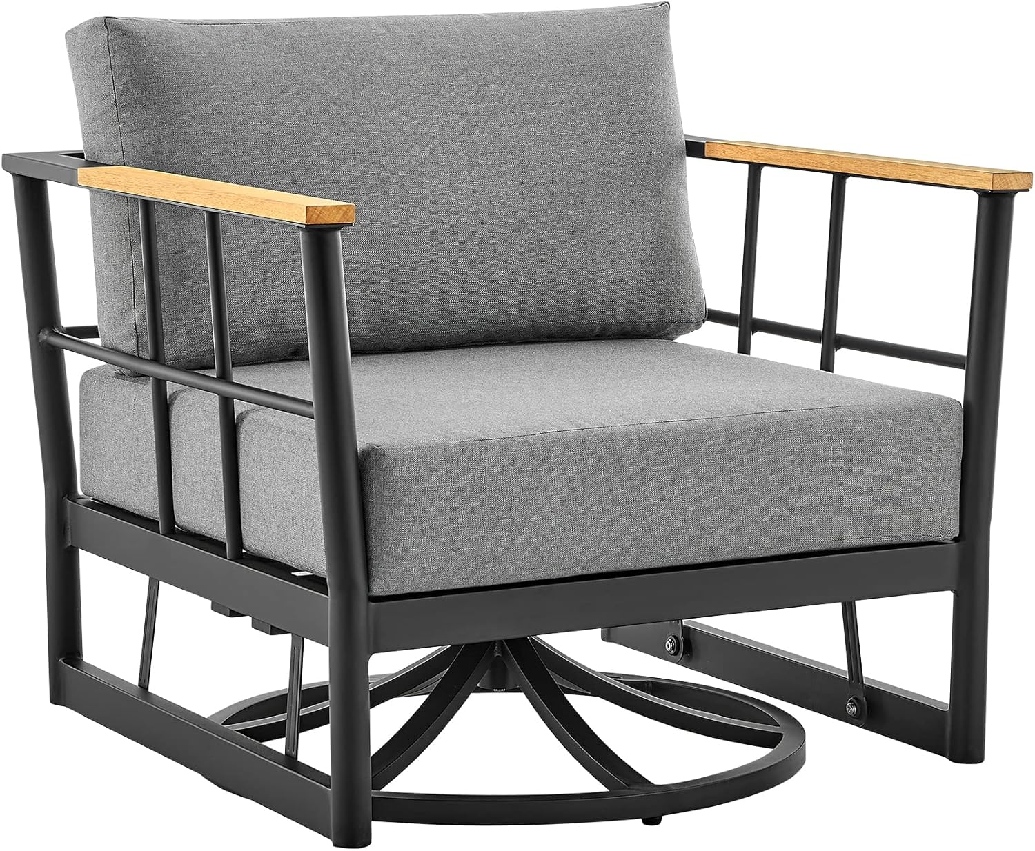 Shari Outdoor Patio Swivel Glider Lounge Chair in Black Aluminum and Teak Wood with Cushions