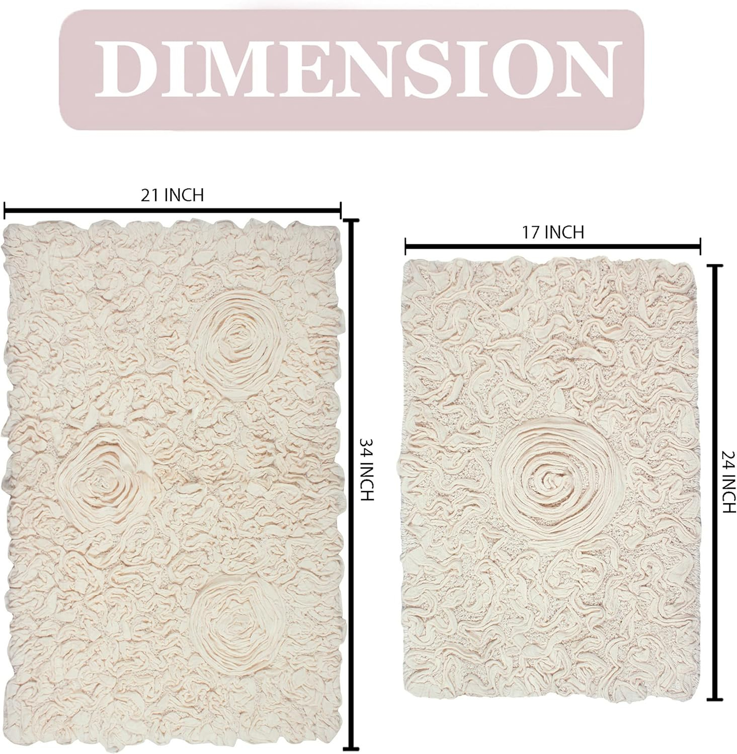 Home Weavers Bell Flower Collection 100% Cotton Tufted Bath Rugs, Extra Soft and Absorbent Bath Rugs, Non-Slip Bath Mats, Machine Washable, Bath Mats for Bathroom Floor, 2 Piece Set(S+M), Ivory