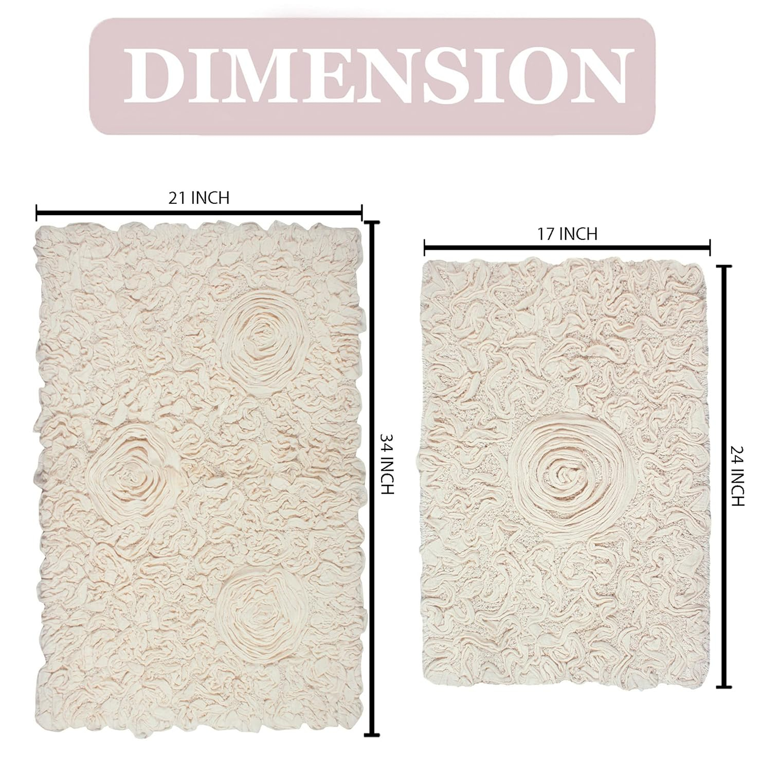 Home Weavers Bell Flower Collection 100% Cotton Tufted Bath Rugs, Extra Soft and Absorbent Bath Rugs, Non-Slip Bath Mats, Machine Washable, Bath Mats for Bathroom Floor, 2 Piece Set(S+M), Ivory
