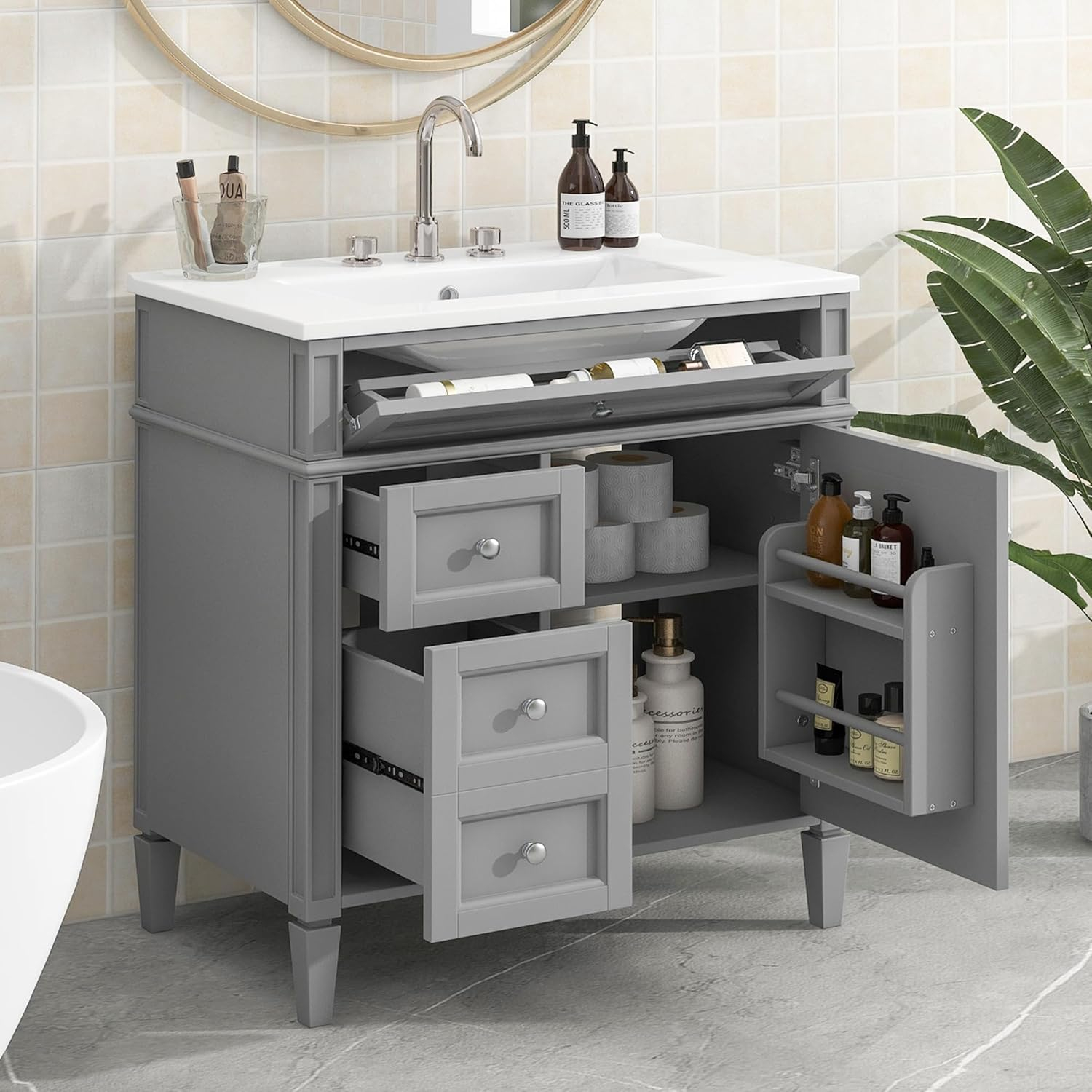 Linique 30" Bathroom Vanity with Sink Combo Set, Solid Wood Frame Modern Bathroom Storage Cabinet with 2 Drawers and a Tip-Out Drawer, Soft Closing Cabinet Door with Organizer, Grey