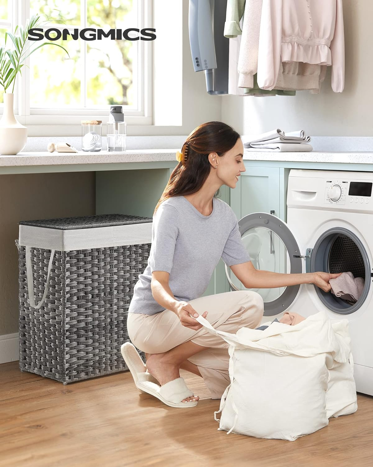 Gray Wicker Collapsible Laundry Hamper with Lid for Kids