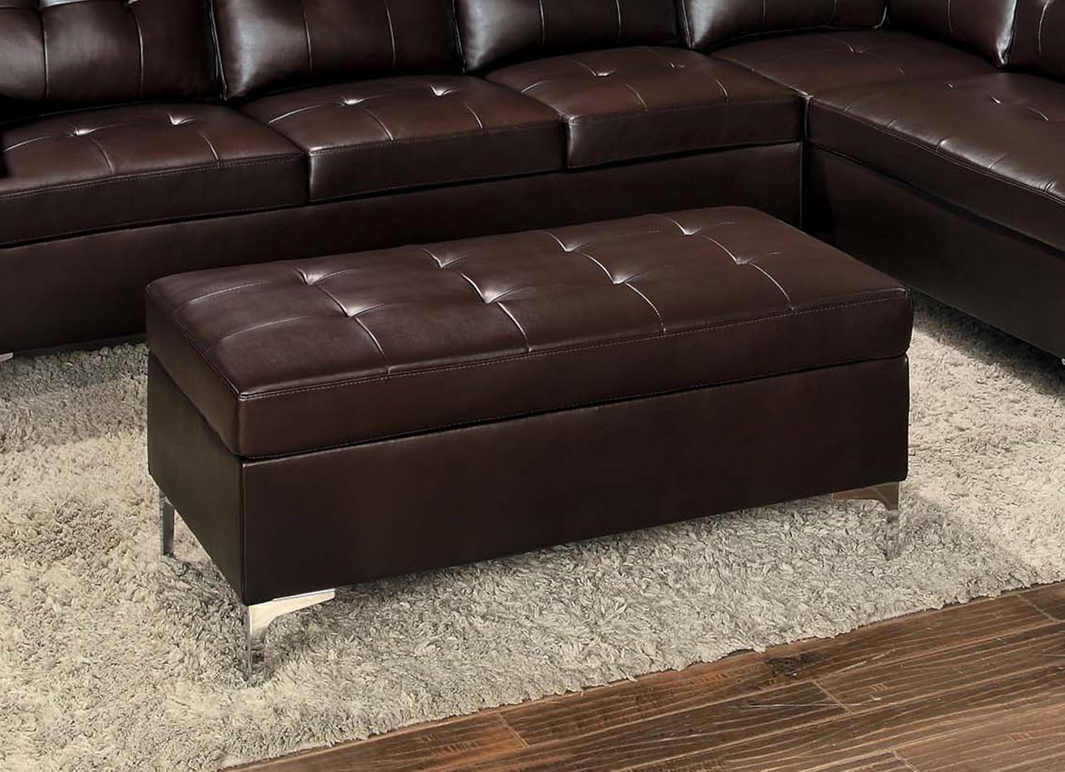 Tufted Leather Ottoman In Rectangular Shape, Brown- Saltoro Sherpi