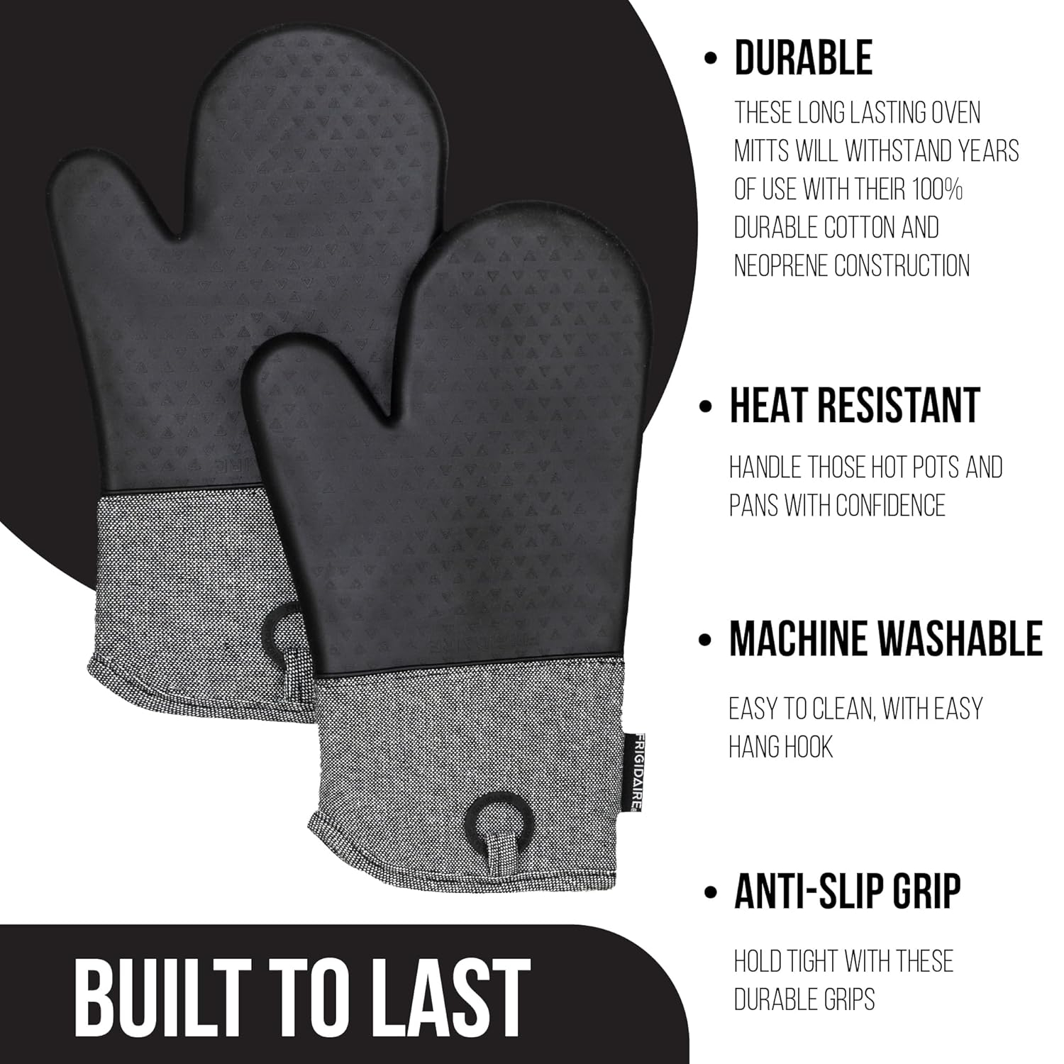 Frigidaire Sasha Cotton and Silicone Oven Mitts, Heat Resistant, Anti-Slip, Machine Washable, 13”x 7 “,Black, Set of 2