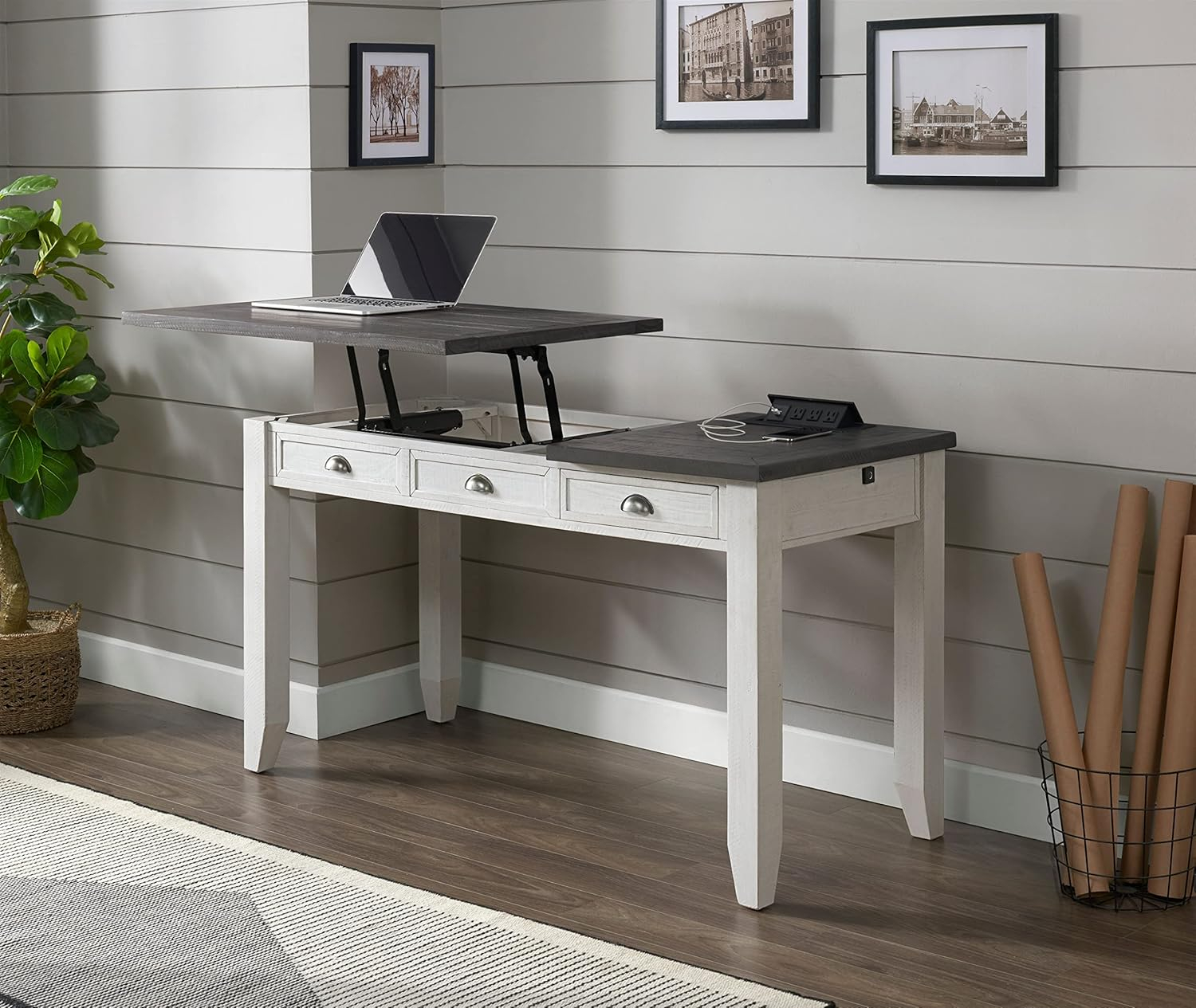 Martin Svensson Home Monterey 57" Lift-Top Desk with Fingerprint Lock, White Stain and Grey