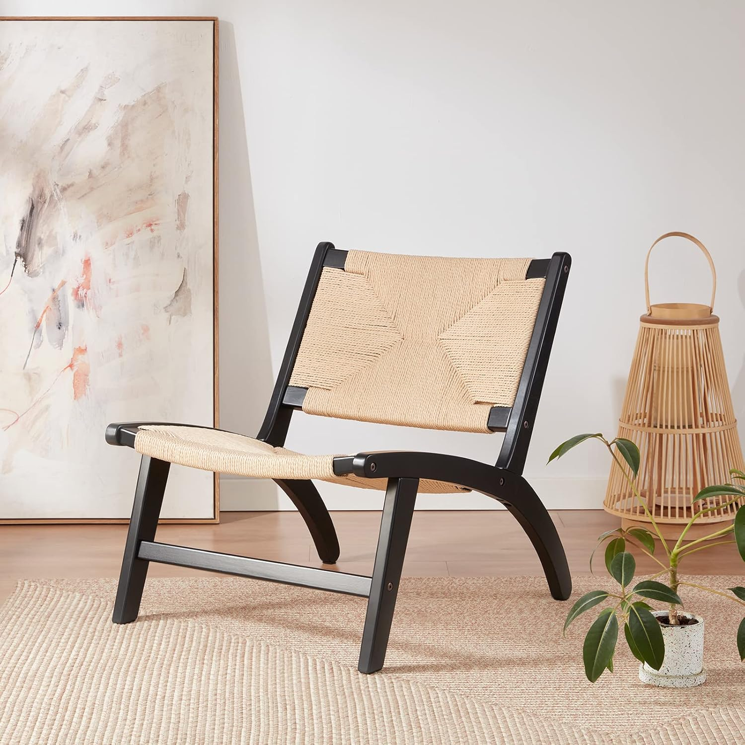 Beech Modern Leather Accent Chairs for Living Room,Mid Century Lounge Chair,Side Brown Leather Chair Indoor Boho Scandinavian Cognac Woven Rattan Faux Leather Accent Chair