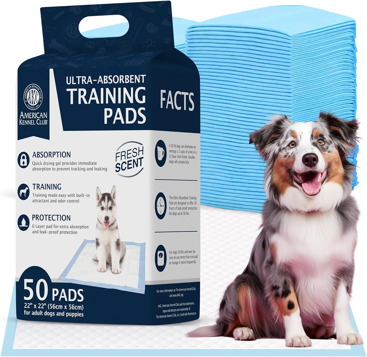 American Kennel Club Scented Puppy Training Pads with Ultra Absorbent Quick Dry Gel – 22 x 22 Puppy Pads - Fresh Scented - 50 Count
