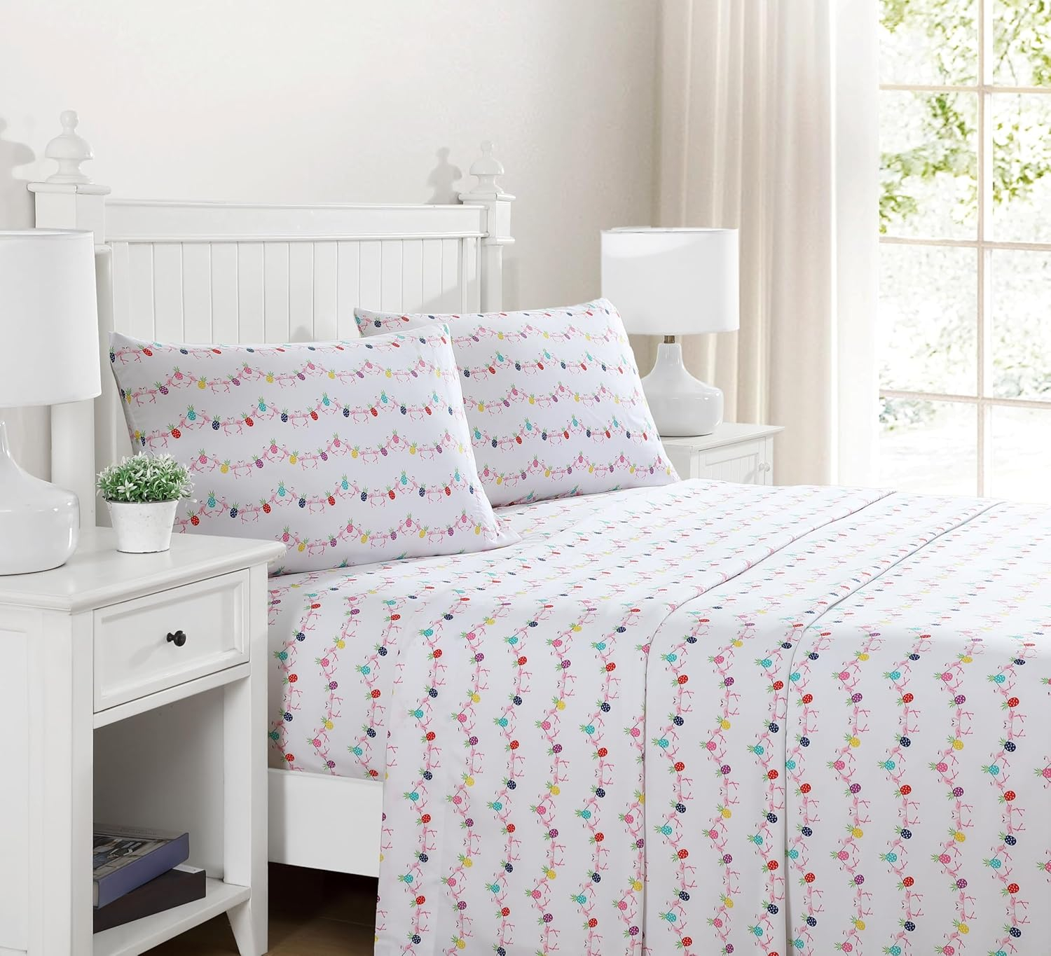 Beatrice Home Fashions Printed Microfiber Sheet Set, Soft Comfortable Easy Care, Includes 1 Fitted Sheet with 12" Deep Pockets, 1 Flat Sheet, Pillowcase, Full, Flamingo Pineapple