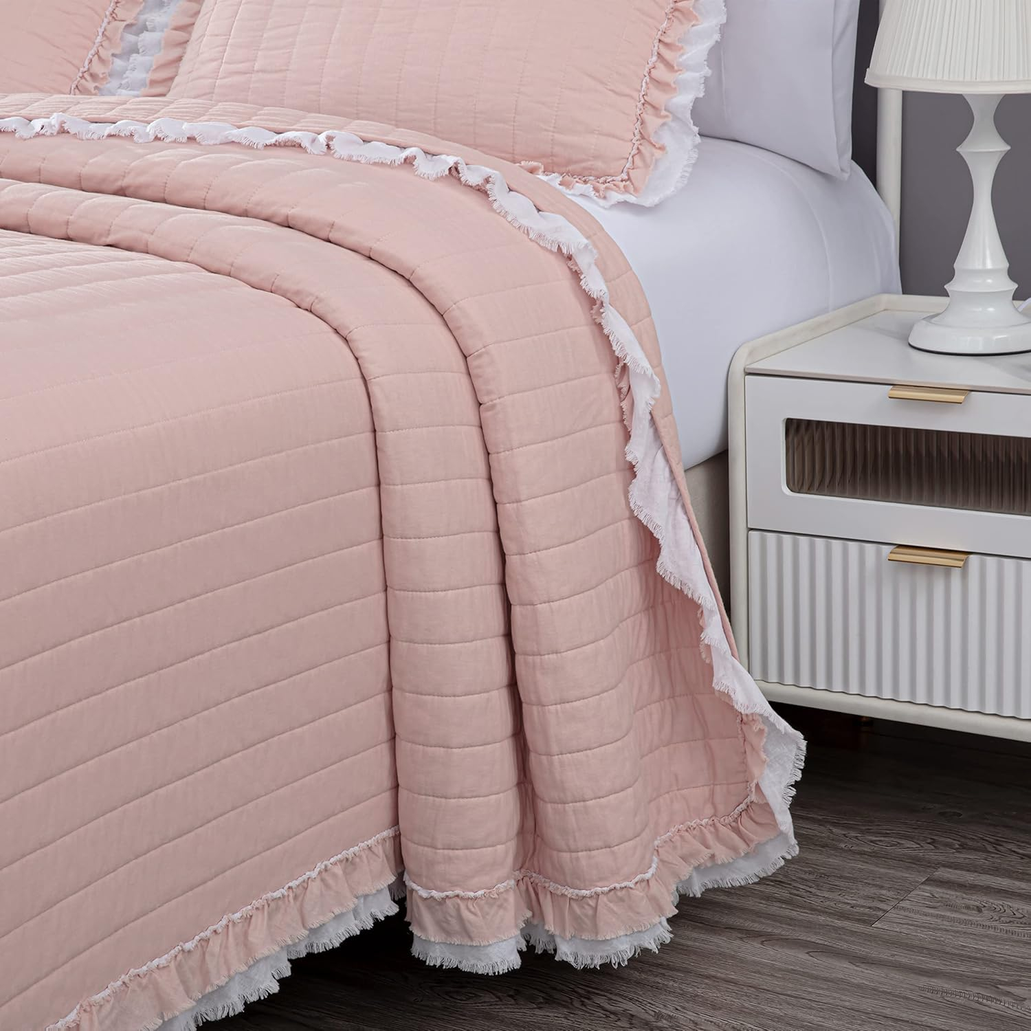 Blush Cotton King Quilt Set with Double Frayed Ruffle Edges