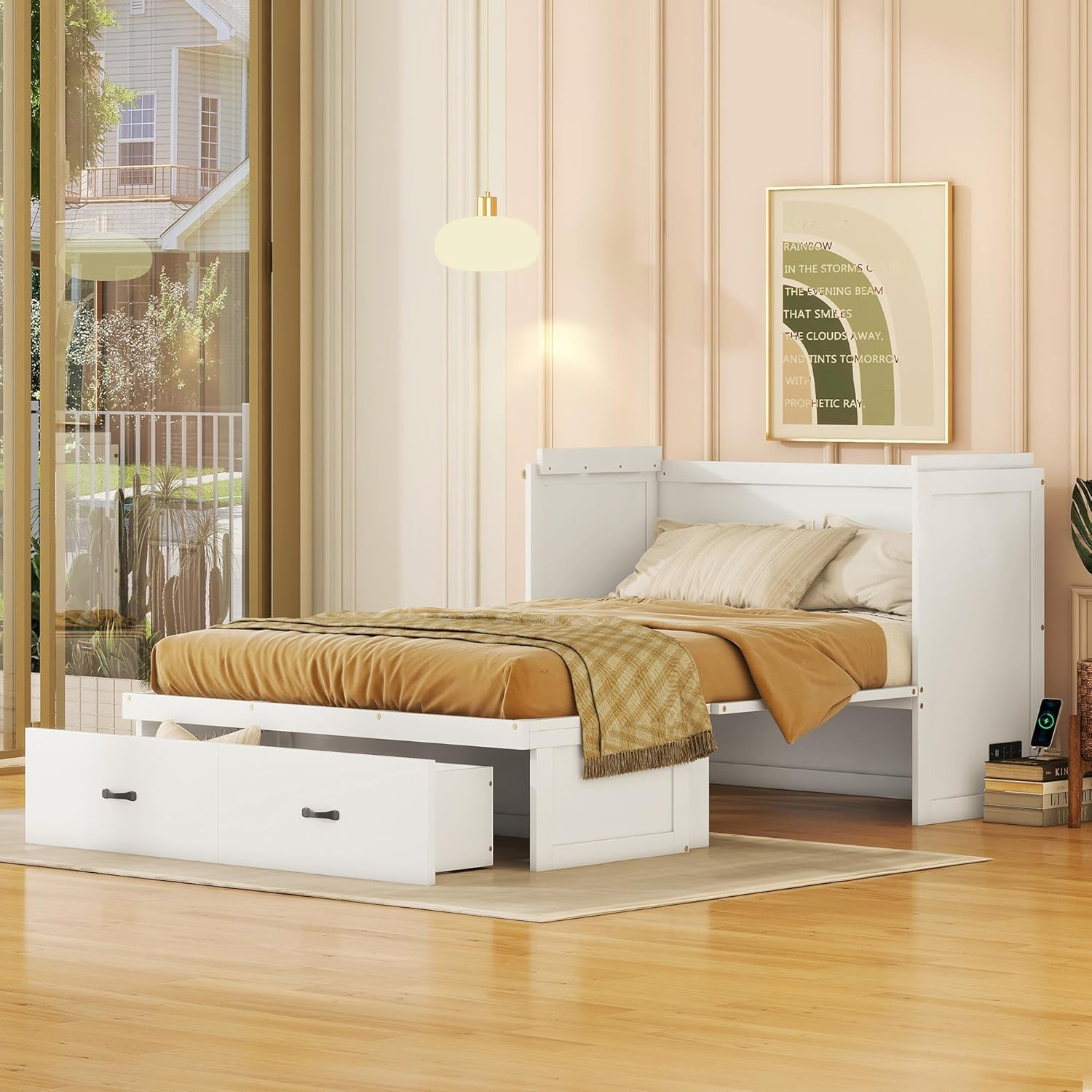 Harper & Bright Designs Full Size Murphy Bed with USB Port and a Large Drawer, Space-Saving Wall Bed for Multipurpose Guest Room or Home Office - White
