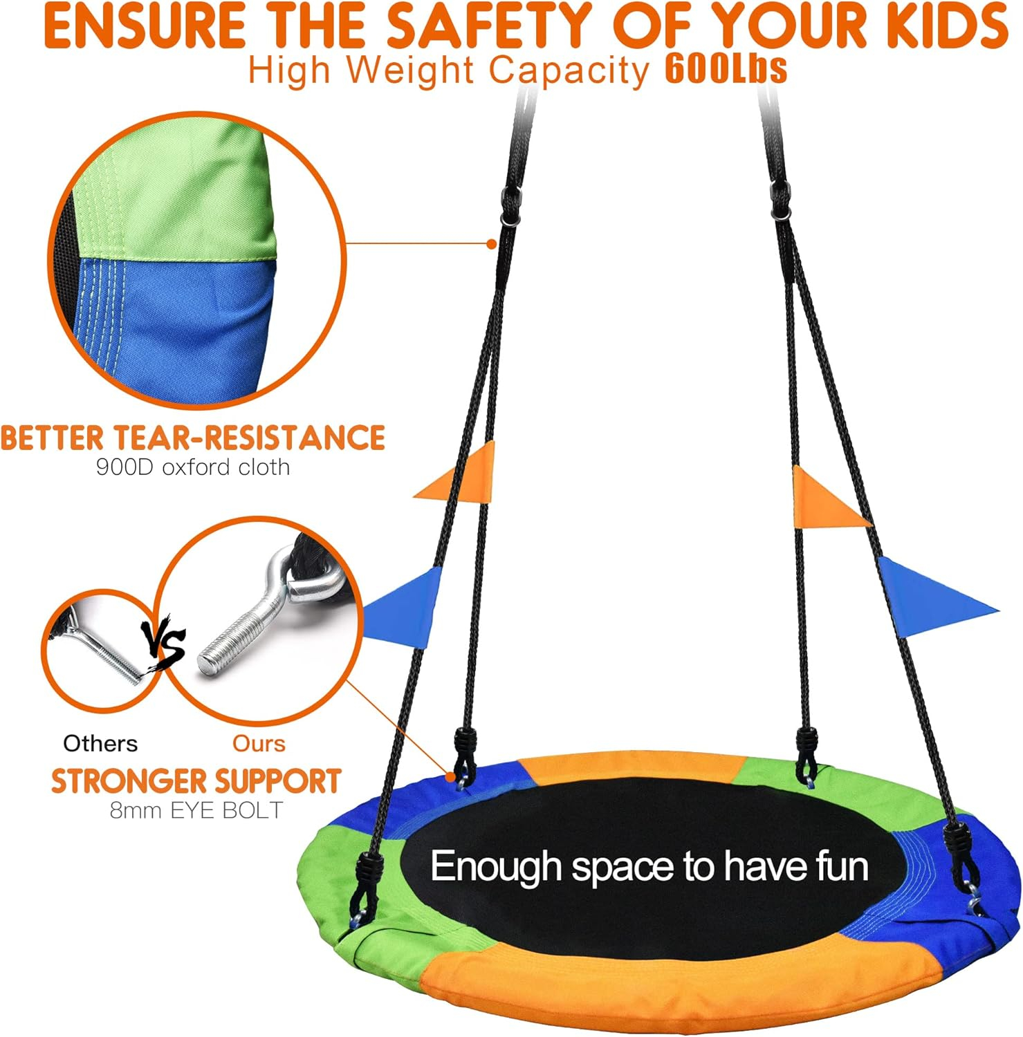 PACEARTH 40 Inch Saucer Tree Swing Flying 900lb Weight Capacity 2 Added Hanging Straps Adjustable Multi-Strand Ropes Colorful Safe and Durable Swing Seat for Children