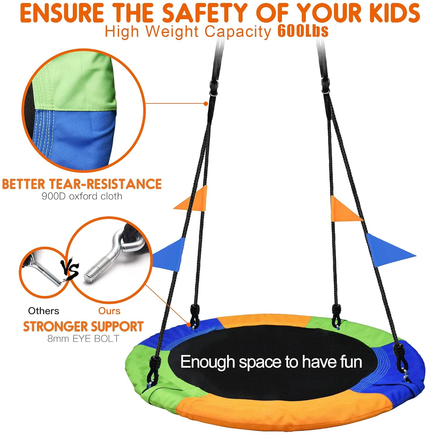 PACEARTH 40 Inch Saucer Tree Swing Flying 900lb Weight Capacity 2 Added Hanging Straps Adjustable Multi-Strand Ropes Colorful Safe and Durable Swing Seat for Children