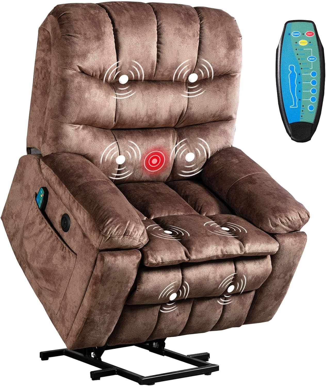 Phoenix Home Large Power Lift Recliner with Massage and Heat for Elderly, Heavy Duty & Safety Motion Reclining Mechanism, Ergonomic Electric Wider Chair with USB Port, 2 Hidden Cup Holders, Brown2