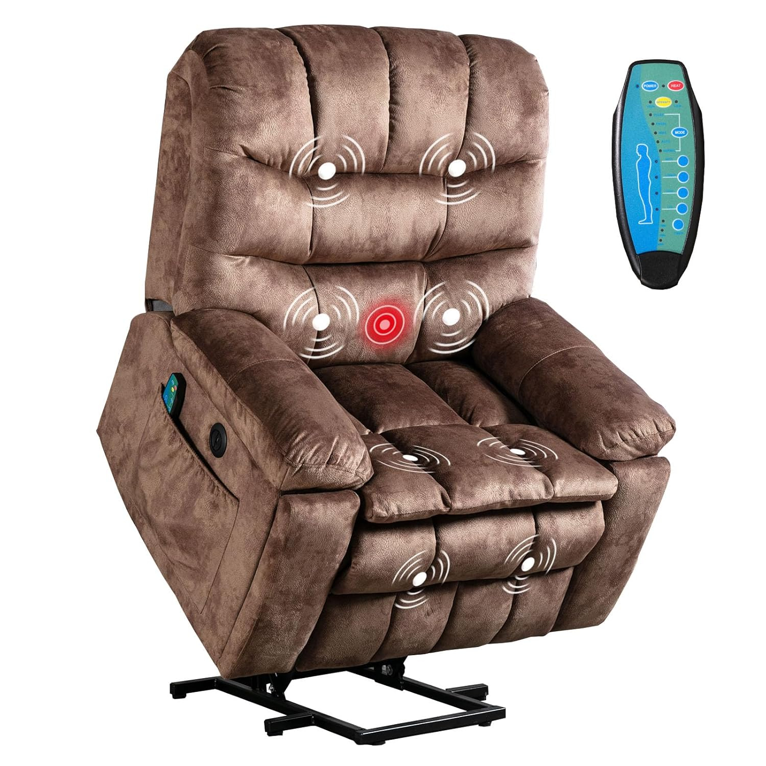 Phoenix Home Large Power Lift Recliner with Massage and Heat for Elderly, Heavy Duty & Safety Motion Reclining Mechanism, Ergonomic Electric Wider Chair with USB Port, 2 Hidden Cup Holders, Brown2