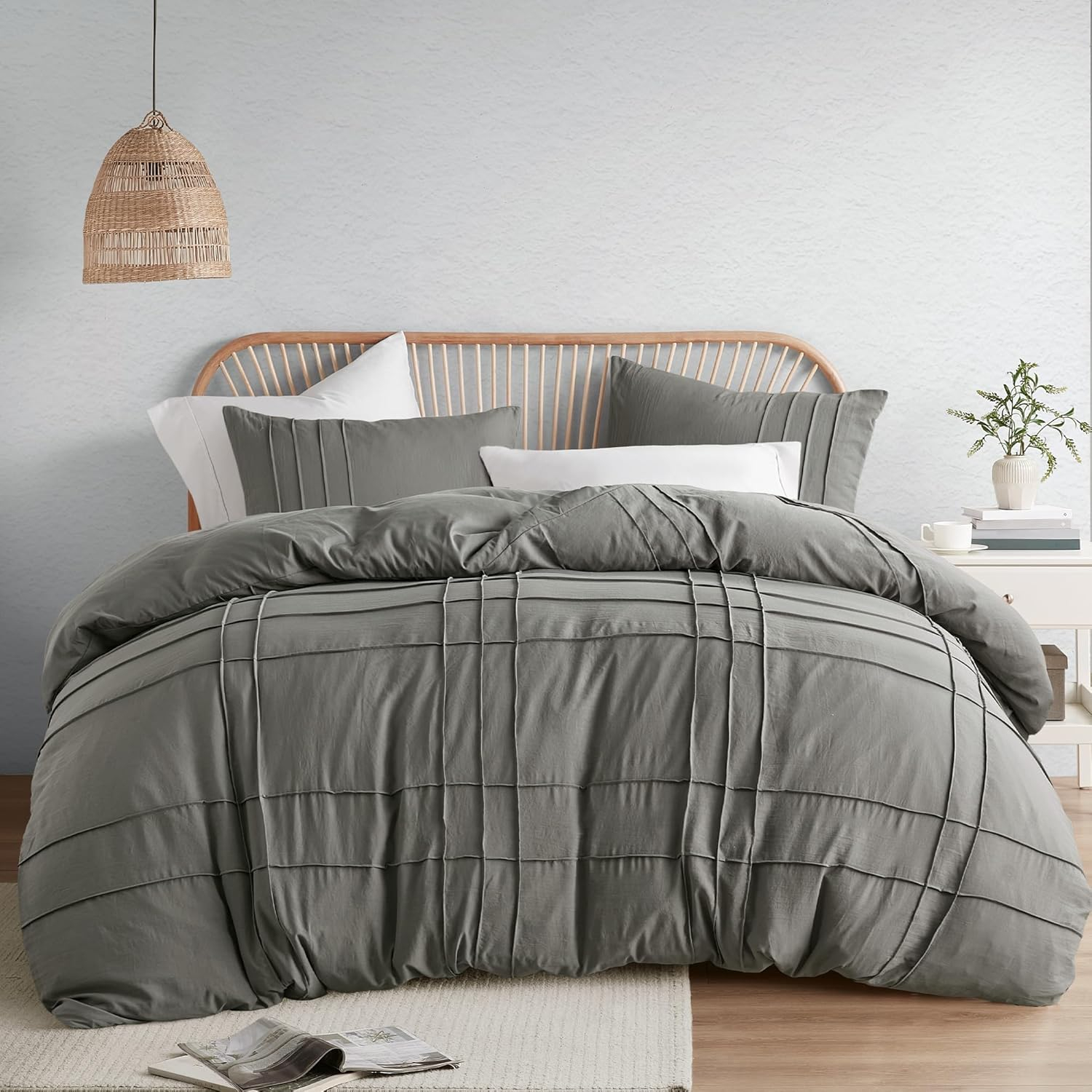 Comfort Spaces Grey King Size Duvet Cover Set - 3 Piece Pintuck Pleated Duvet Cover, All Season Lightweight, Extra Soft Pre-Washed Microfiber King Bedding Cover Shams
