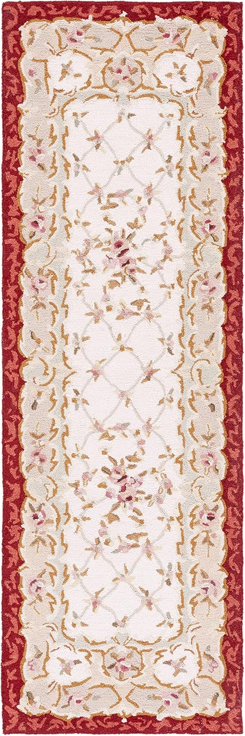 Handmade Ivory Wool Area Rug with Burgundy Border