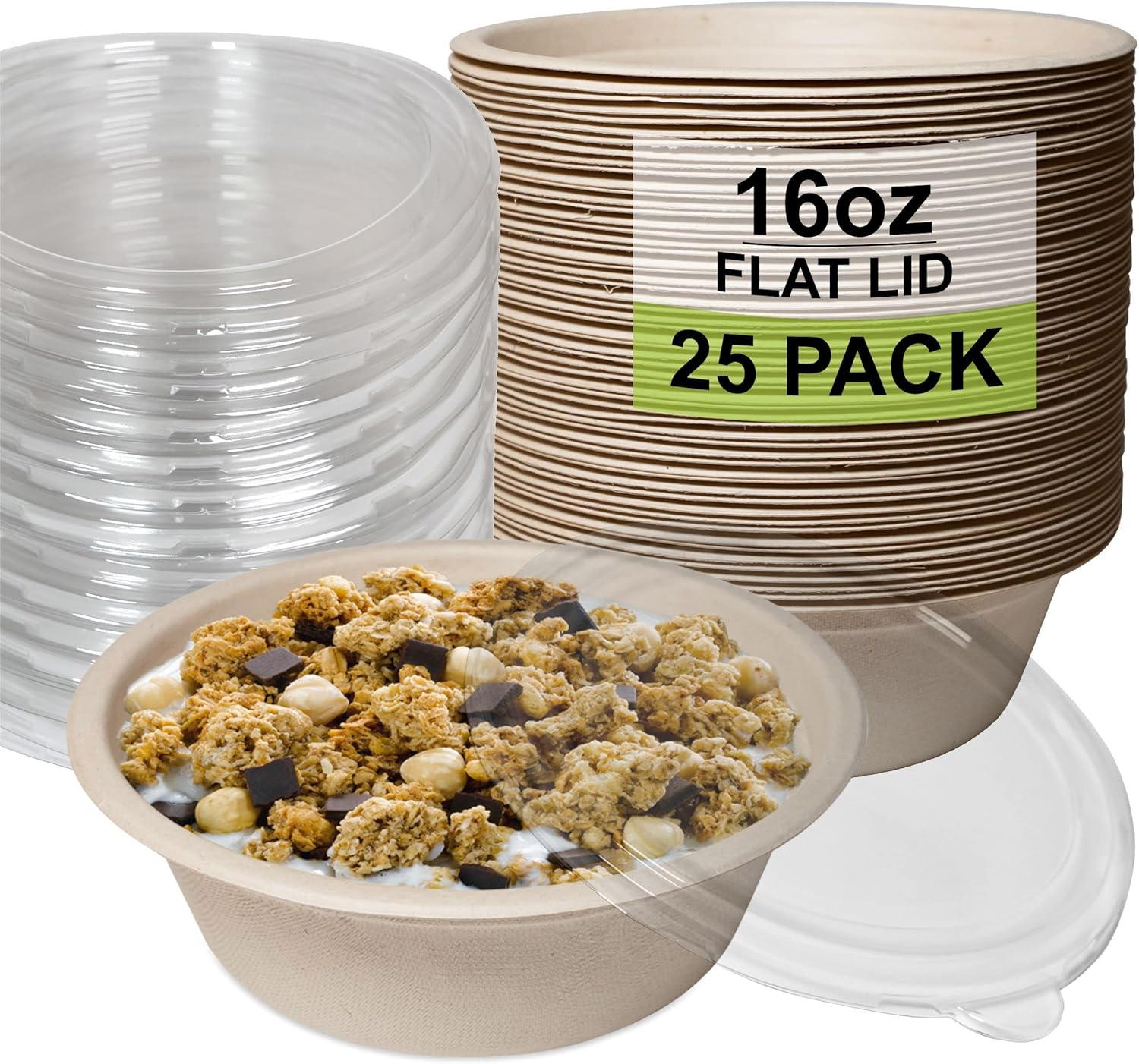 25 Pack 16 oz Compostable Paper Bowls with Lids Heavy-Duty Disposable Bowls, Eco-Friendly Natural Bagasse Unbleached, Hot or Cold Use, 100% Biodegradable Soup Bowls Sugarcane